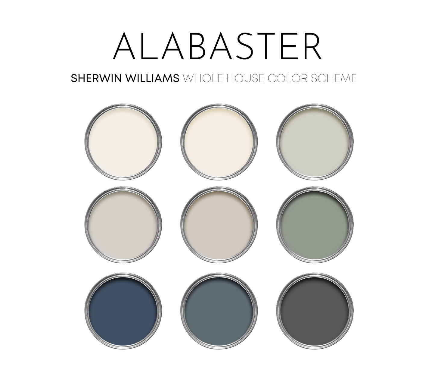 Alabaster Sherwin Williams Paint Palette, Modern Neutral Interior Paint Colors for Home, Alabaster Compliments, Warm Whites, Agreeable Gray