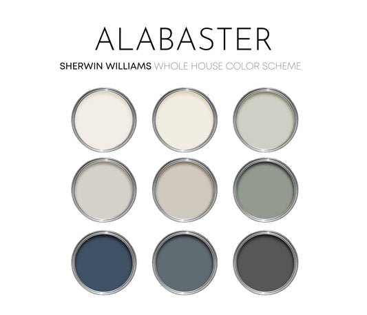 Alabaster Sherwin Williams Paint Palette, Modern Neutral Interior Paint Colors for Home, Alabaster Compliments, Warm Whites, Agreeable Gray