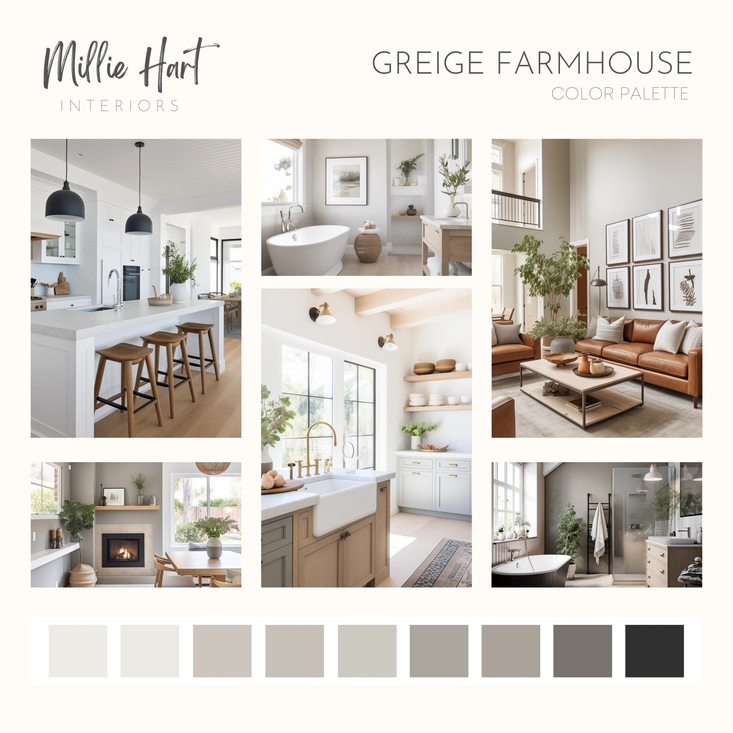Greige Farmhouse Benjamin Moore Paint Palette - Modern Neutral Interior Paint Colors for Home - Coordinating Interior Design Color Palette, Benjamin Moore, Gray Mountain