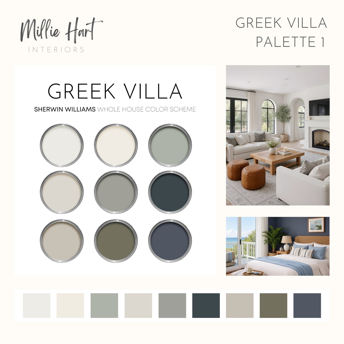 Greek Villa Sherwin Williams Paint Palette Collection, Neutral Interior Paint Colors for Home | Warm Whites | Timeless Blues and Greens