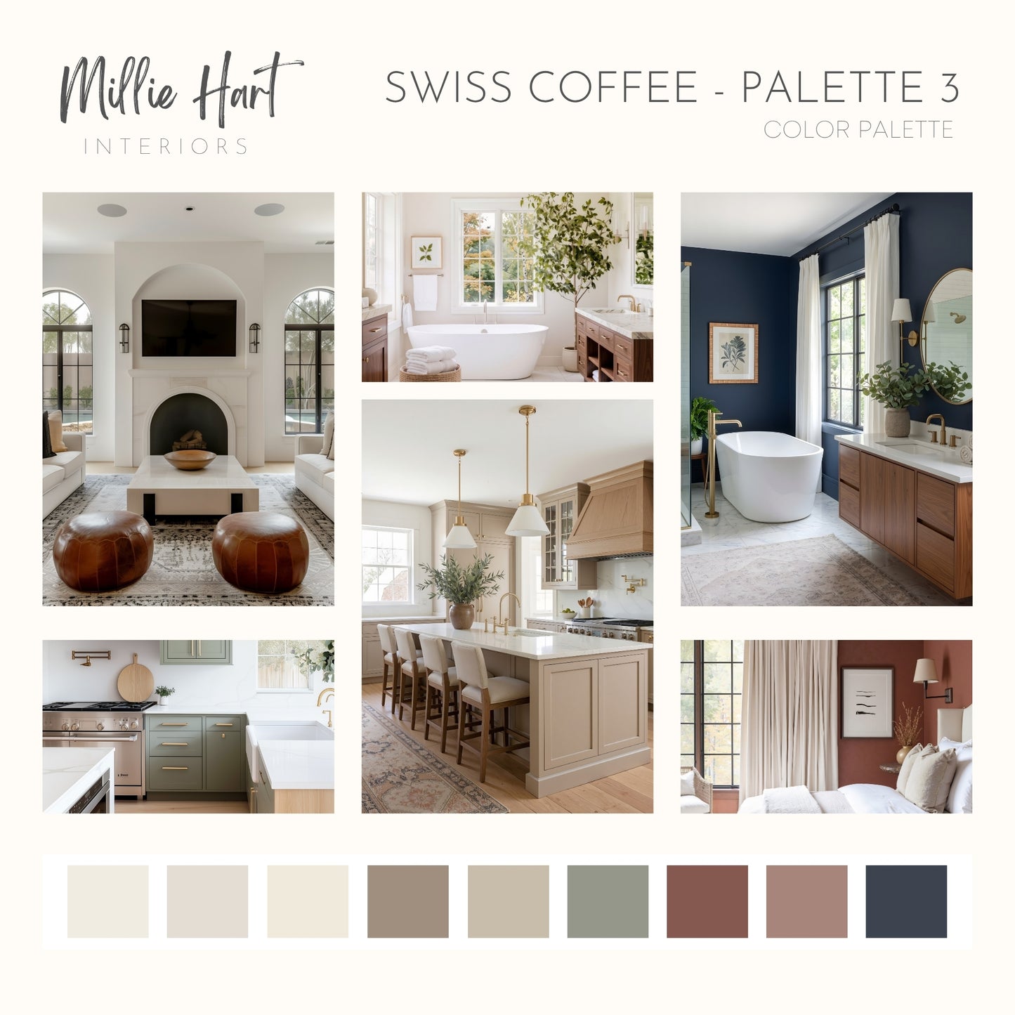 Swiss Coffee - Palette Three, Benjamin Moore Paint Palette, Neutral Interior Paint Colors, Rustic Mediterranean Coastal Color Scheme