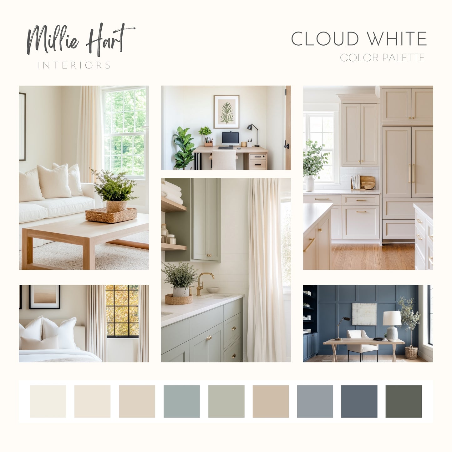 Cloud White Benjamin Moore Paint Palette, Neutral Interior Paint Colors, Transitional, Mediterranean Coastal Color Scheme