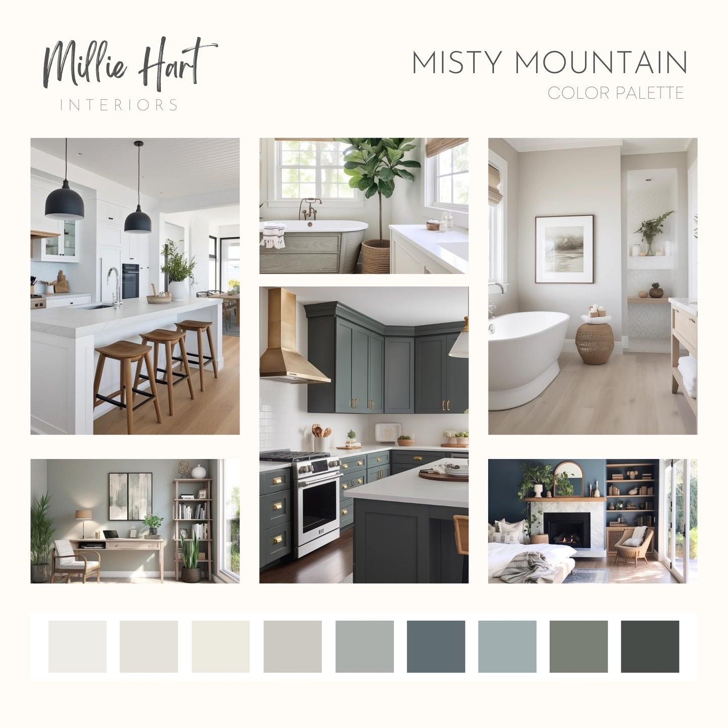 Misty Mountain Benjamin Moore Paint Palette, Neutral Interior Paint Colors, Modern Farmhouse Color Scheme, White Heron