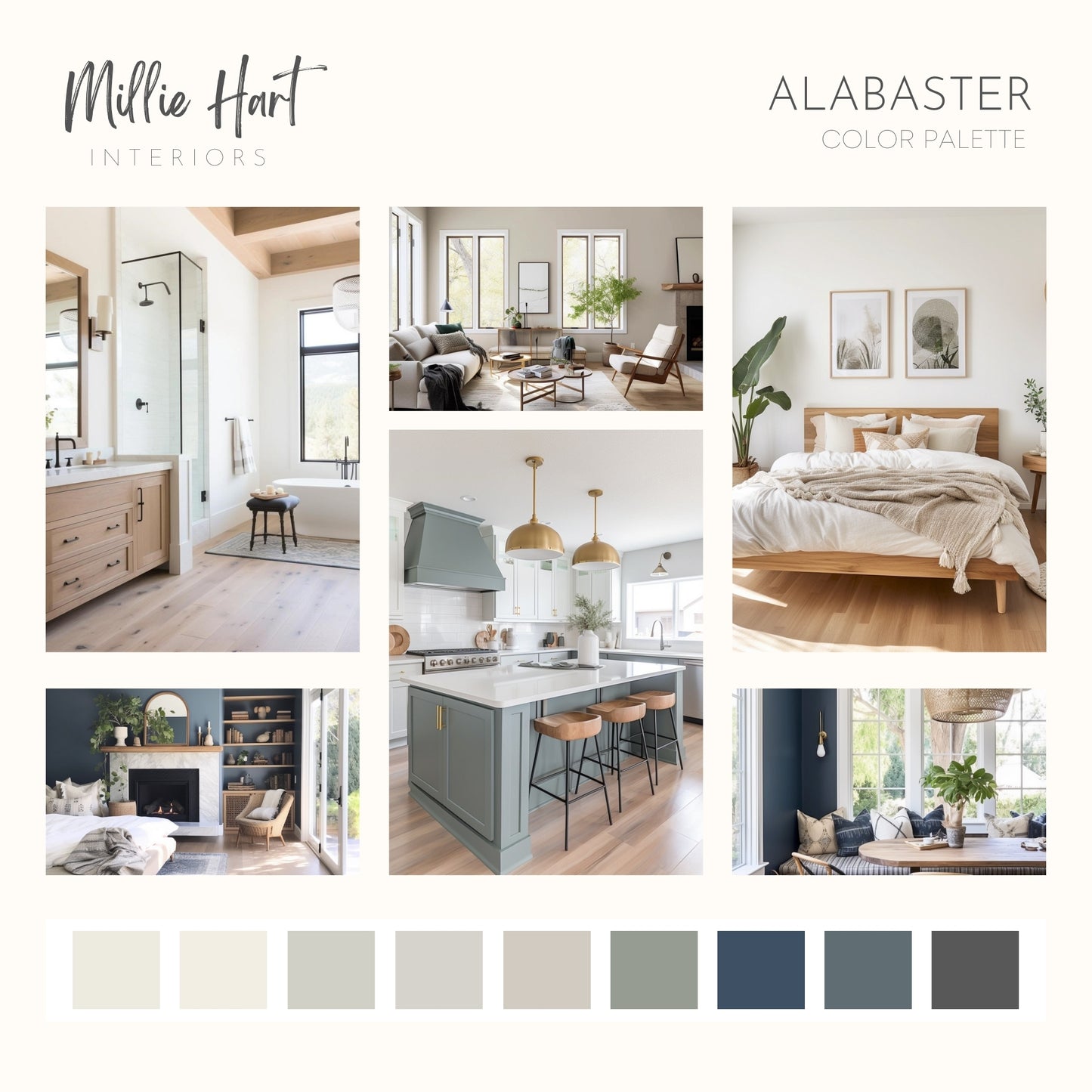 Alabaster Sherwin Williams Paint Palette, Modern Neutral Interior Paint Colors for Home, Alabaster Compliments, Warm Whites, Agreeable Gray