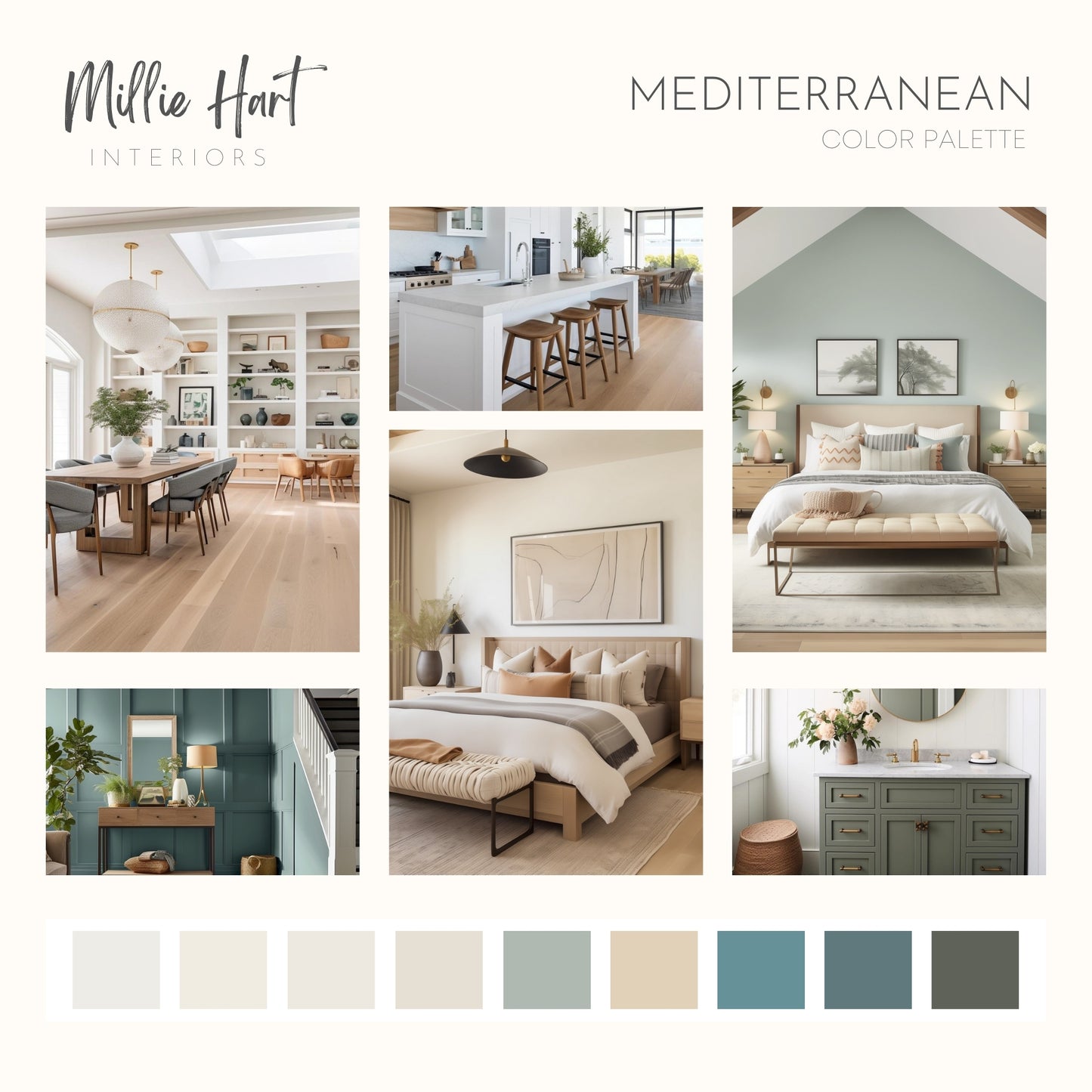 Mediterranean Benjamin Moore Paint Palette - Modern Neutral Interior Paint Colors for Home, Coastal Interior Design Color Palette, Mediterranean Boho, Providence Blue Compliments