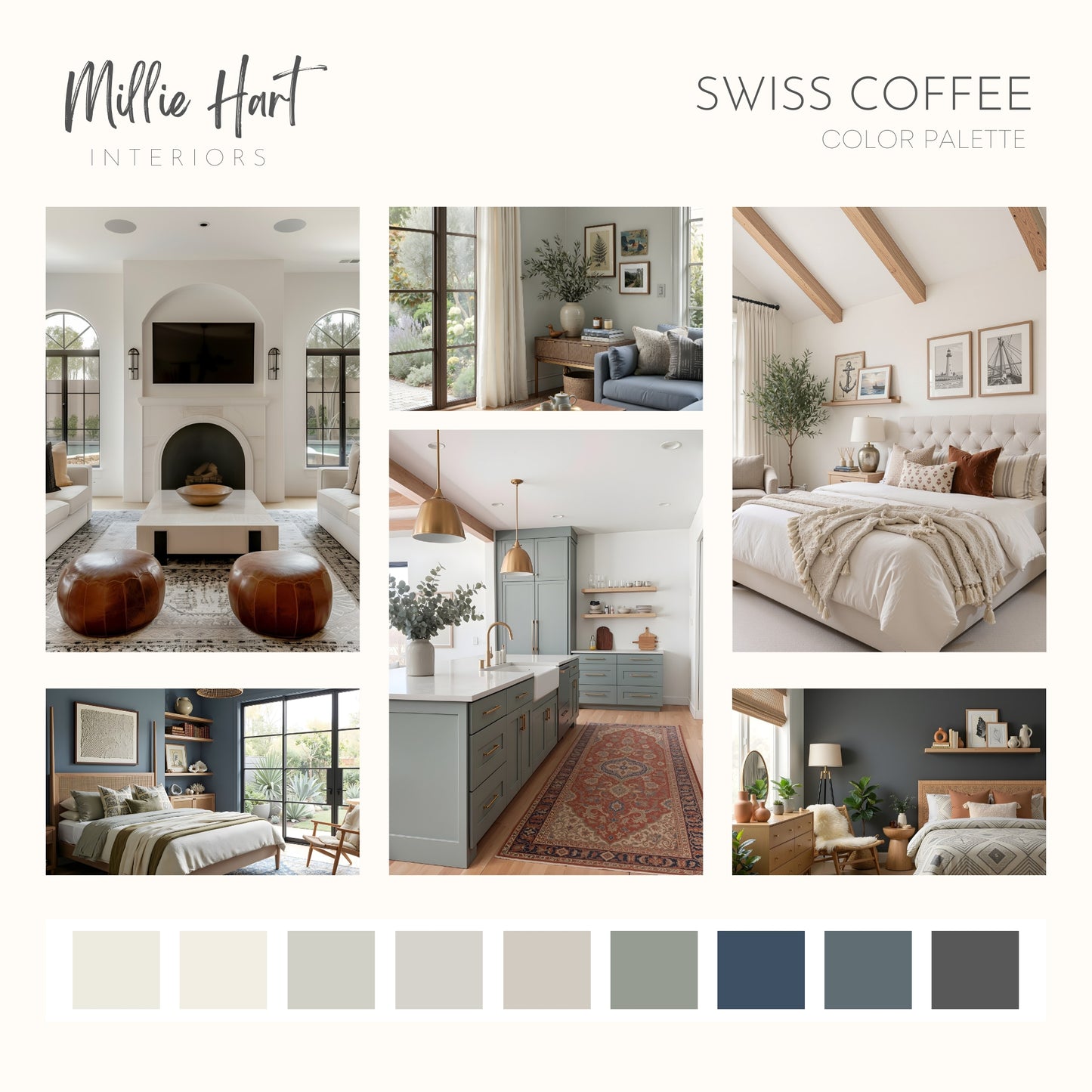 Swiss Coffee Benajmain Moore Paint Palette, Modern Neutral Interior Paint Colors for Home, Swiss Coffee Compliments, Warm Whites, Apparition