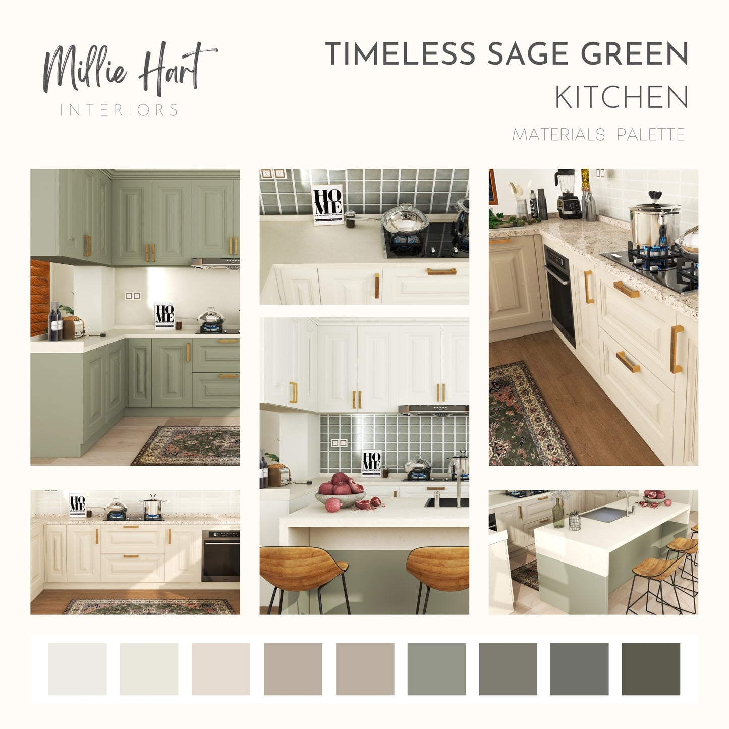 Timeless Sage Green Kitchen Materials Palette, Materials and Paint Colors for Renovation and New Build Kitchen Projects