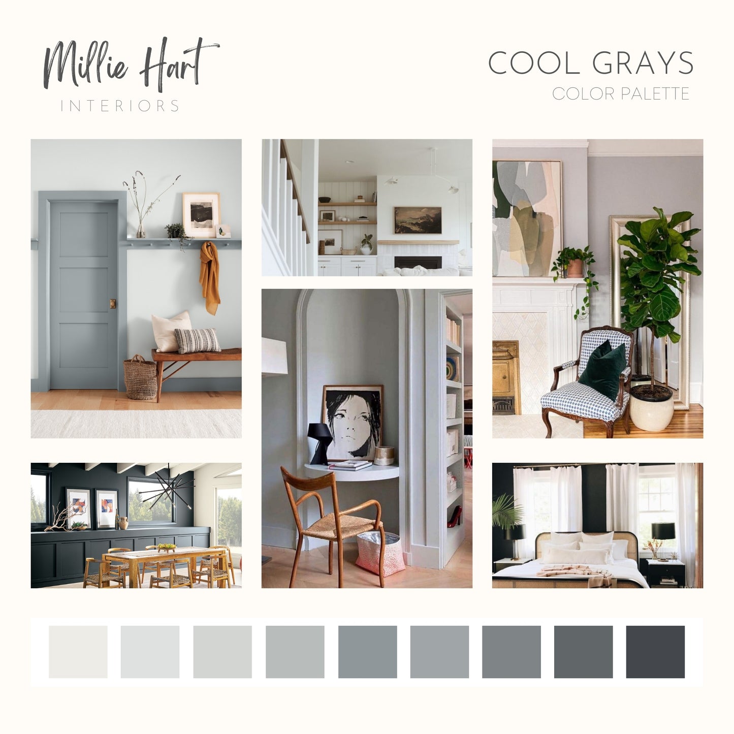 Cool Grays Benjamin Moore Paint Palette, Interior Paint Colors for Home, Cool Grays, Coastal Colors, Modern Neutrals, White Heron