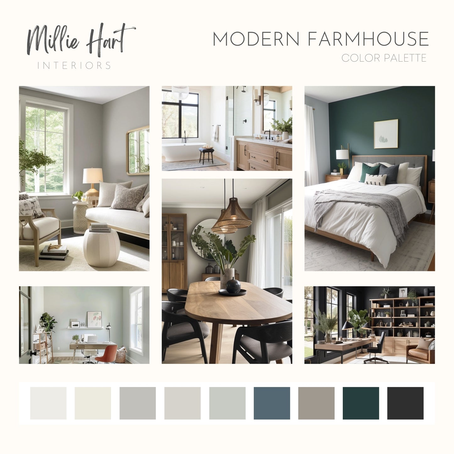 Modern Farmhouse Benjamin Moore Paint Palette, Neutral Interior Paint Colors, Modern Farmhouse Color Scheme, Swiss Coffee