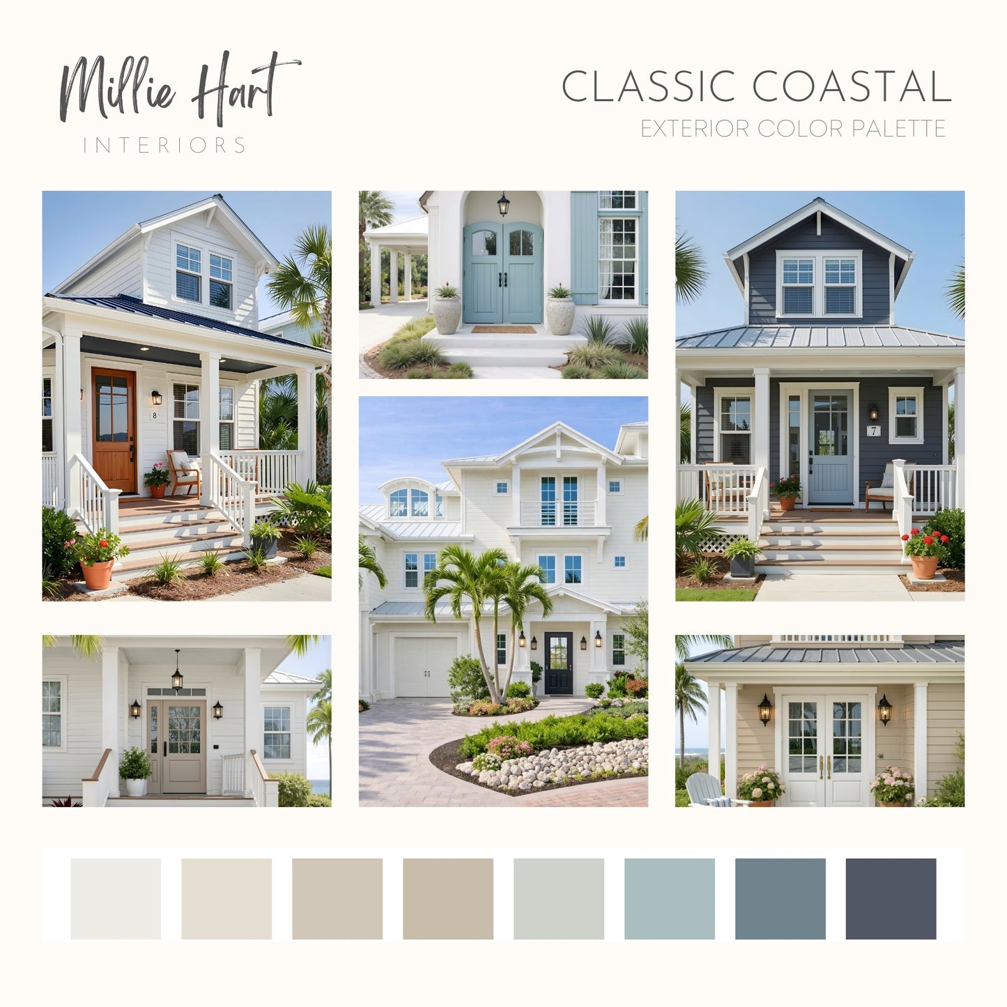 Classic Coastal Exterior Sherwin Williams Paint Palette, Beach House Exterior Paint Colors, Coastal Exterior Scheme, Classic Palette