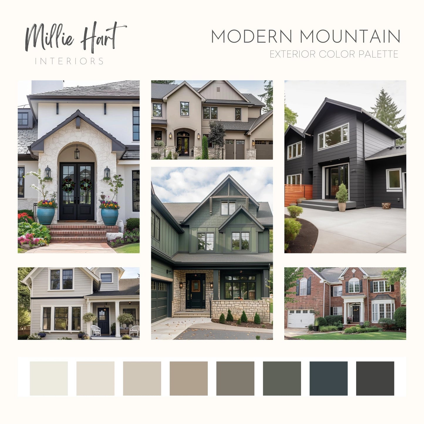 Modern Mountain Exterior Benjamin Moore Paint Palette, Neutral Interior Paint Colors, Modern Farmhouse Color Scheme, White Dove