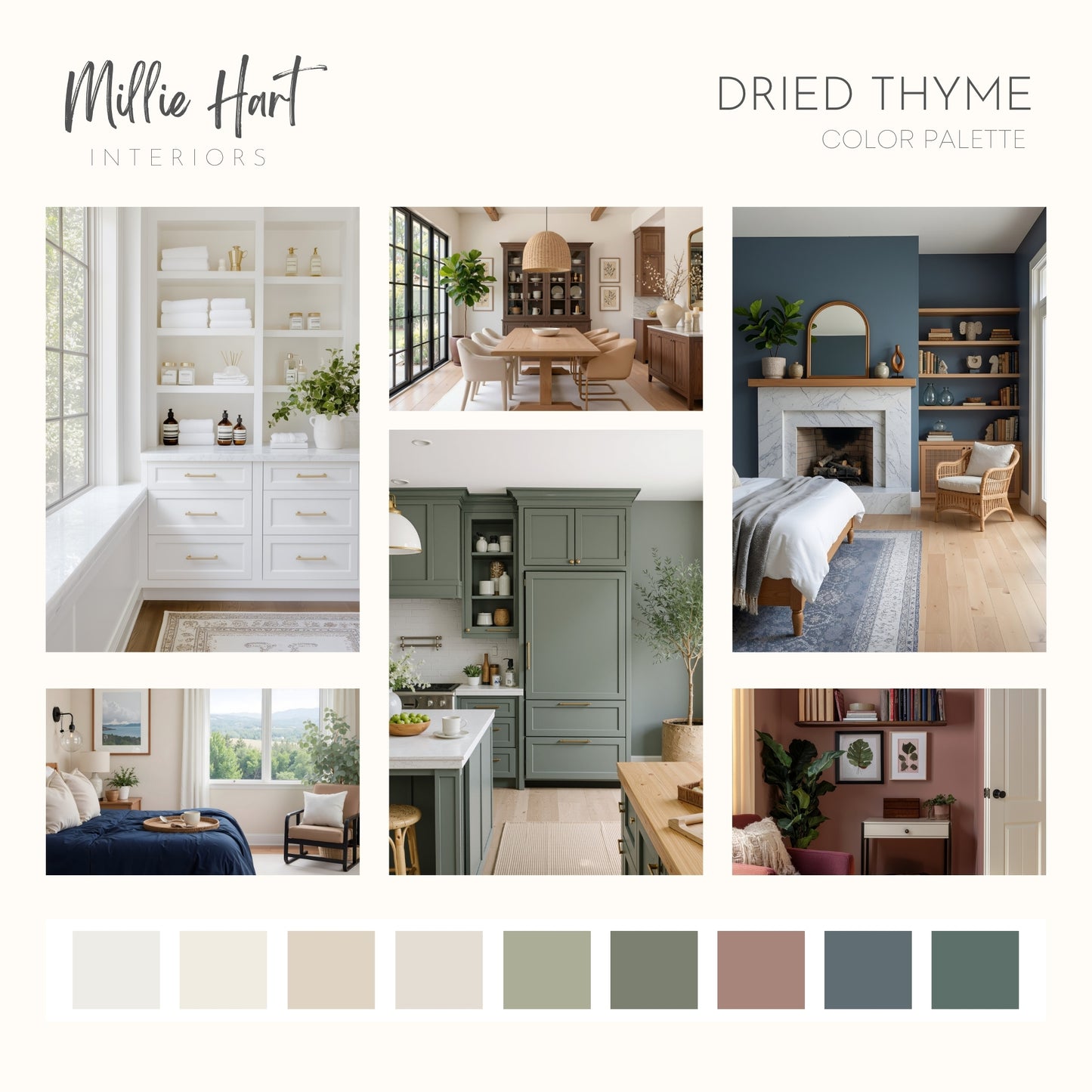 Dried Thyme Sherwin Williams Paint Palette, Timeless Neutral Interior Colors, Whole House Color Scheme, Earthy Green, Aesthetic White