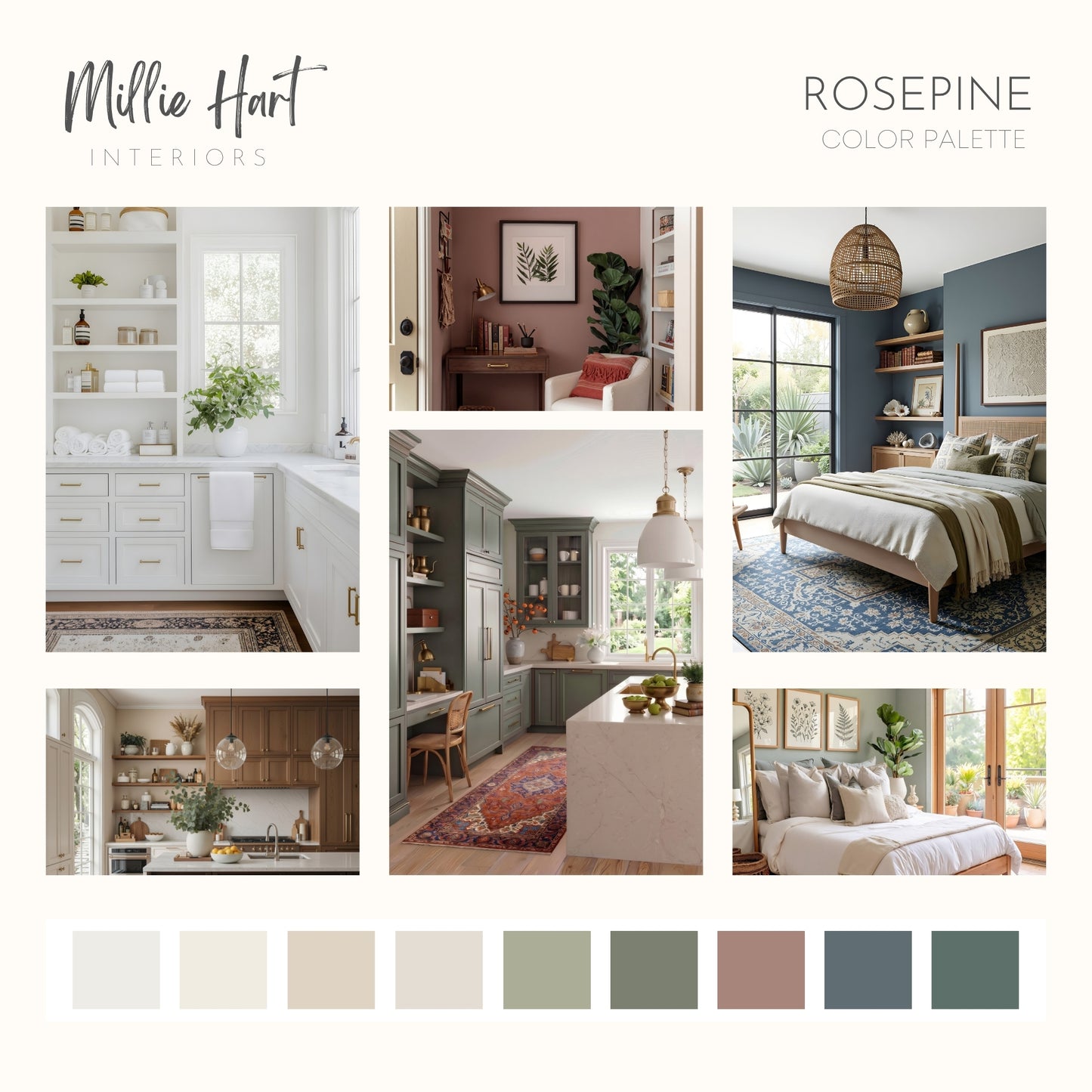 Rosepine Benjamin Moore Paint Palette, Timeless Neutral Interior Colors, Whole House Color Scheme, Earthy Green, Fog Mist