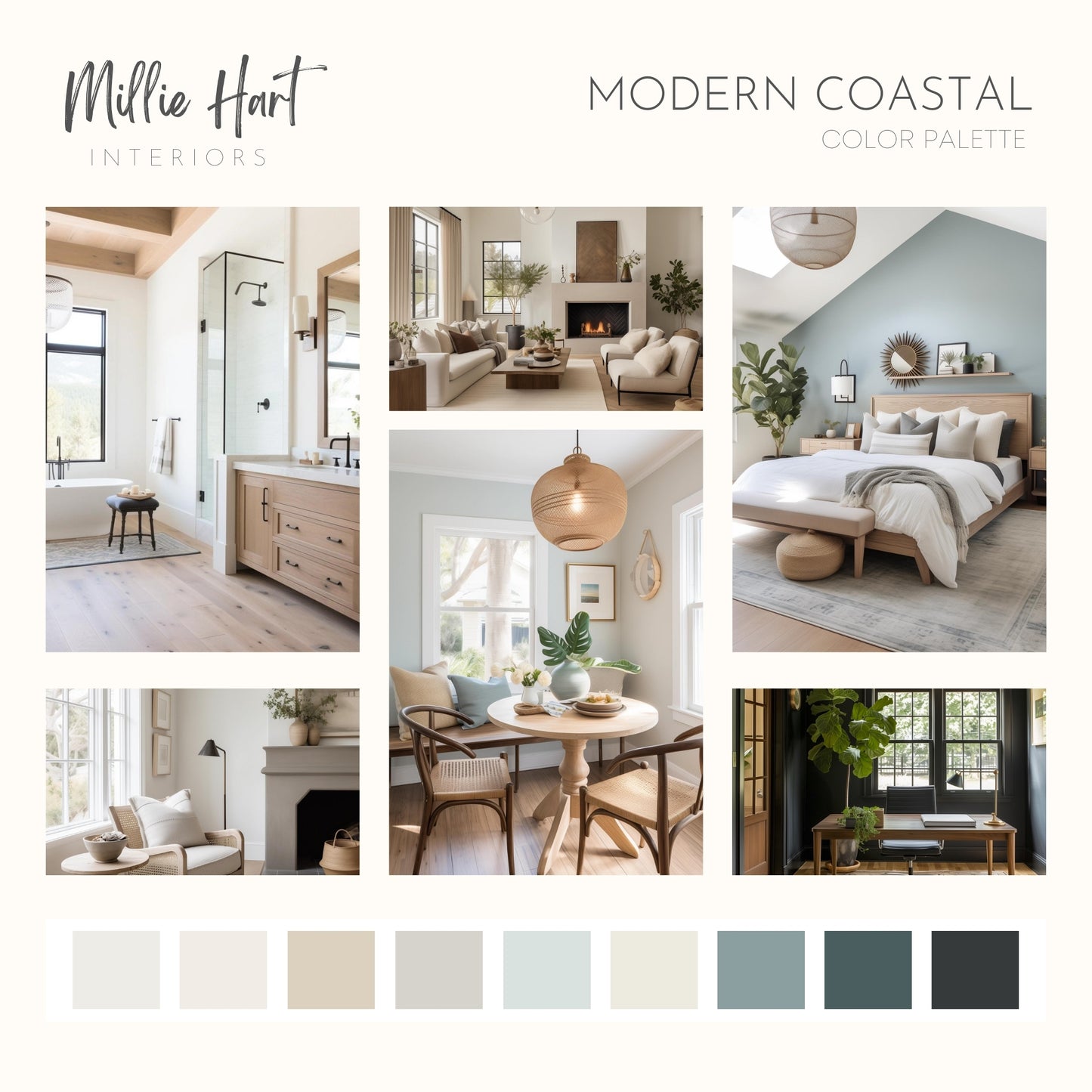 Modern Coastal Benjamin Moore Paint Palette - Modern Neutral Interior Paint Colors for Home, Coastal Interior Design Color Palette, Swiss Coffee