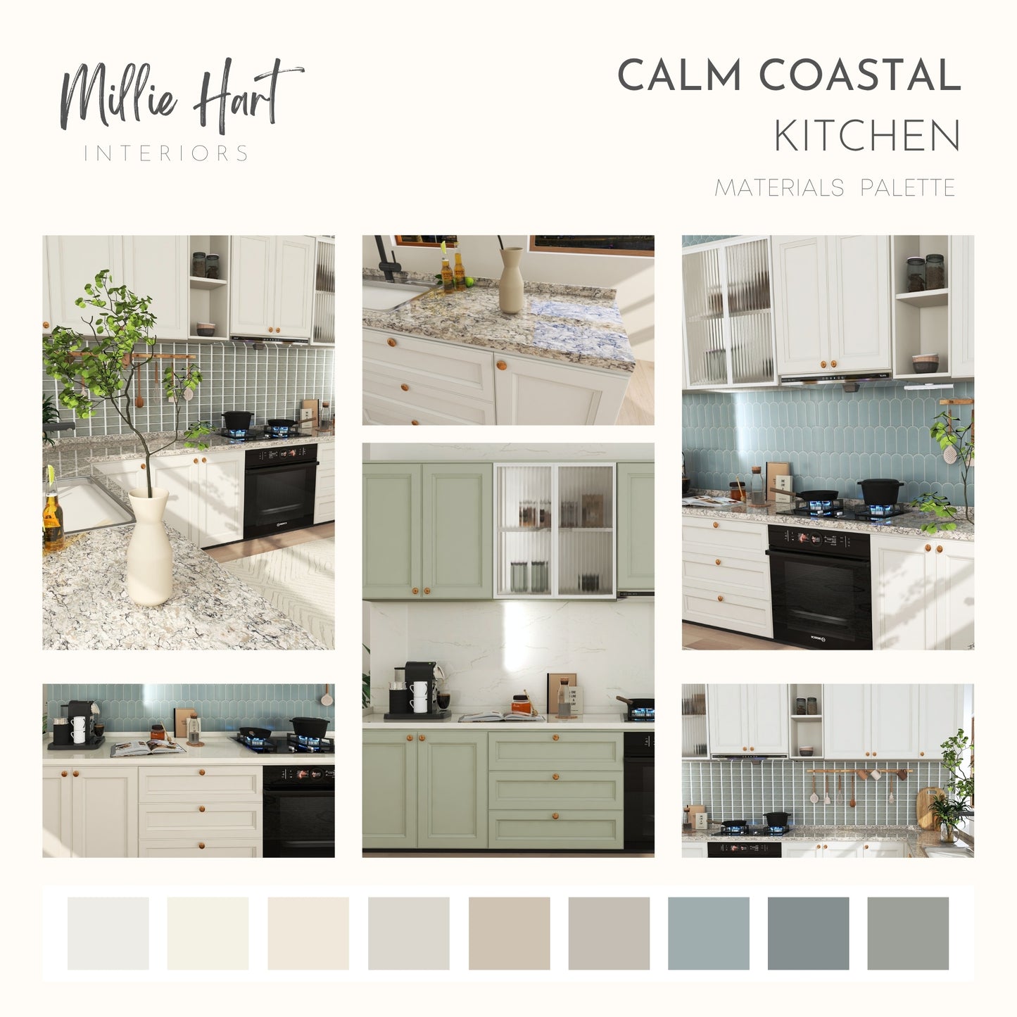 Calm Coastal Kitchen Materials Palette, Materials and Paint Colors for Renovation and New Build Kitchen Projects