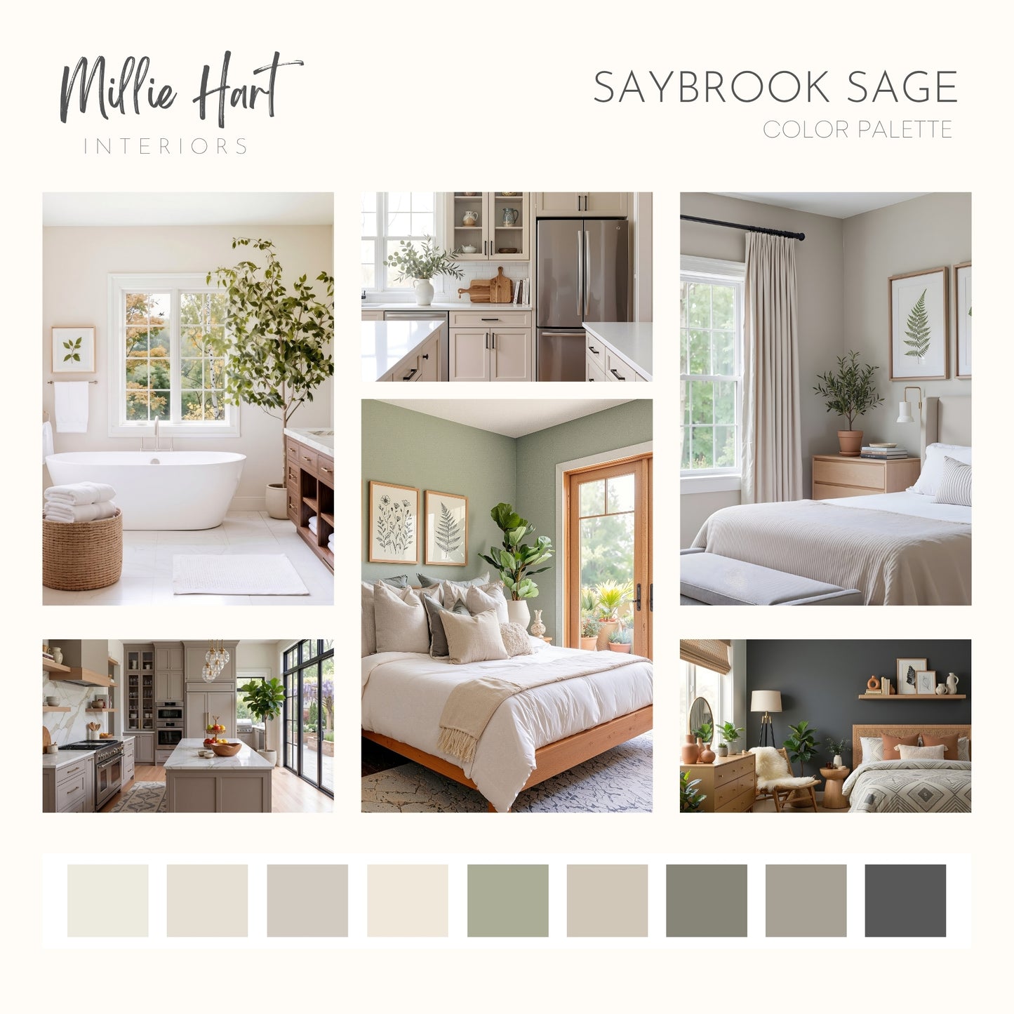 Saybrook Sage Benjamin Moore Paint Palette, Warm Neutral Interior Paint Colors, Cottage Color Scheme, White Dove