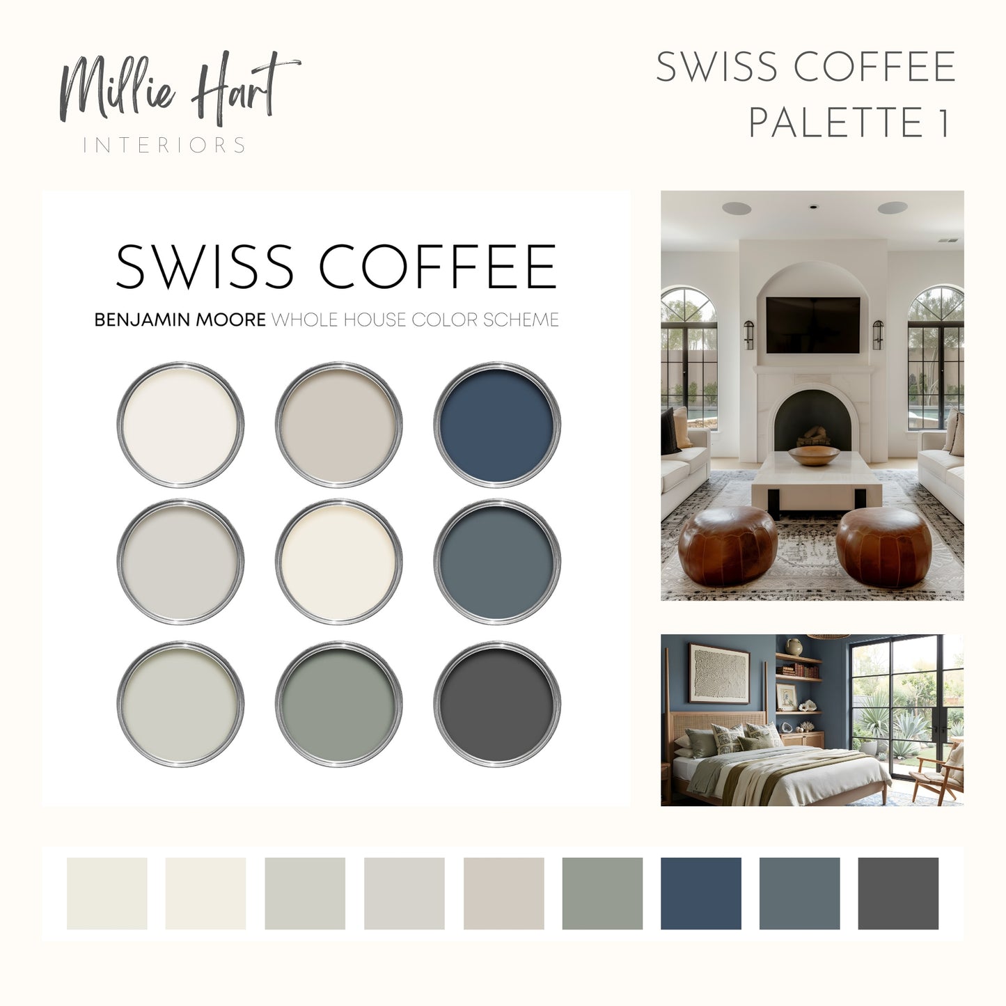 Swiss Coffee Benjamin Moore Paint Palette Collection, Neutral Interior Paint Colors for Home | Warm Whites  | Timeless Blues and Greens