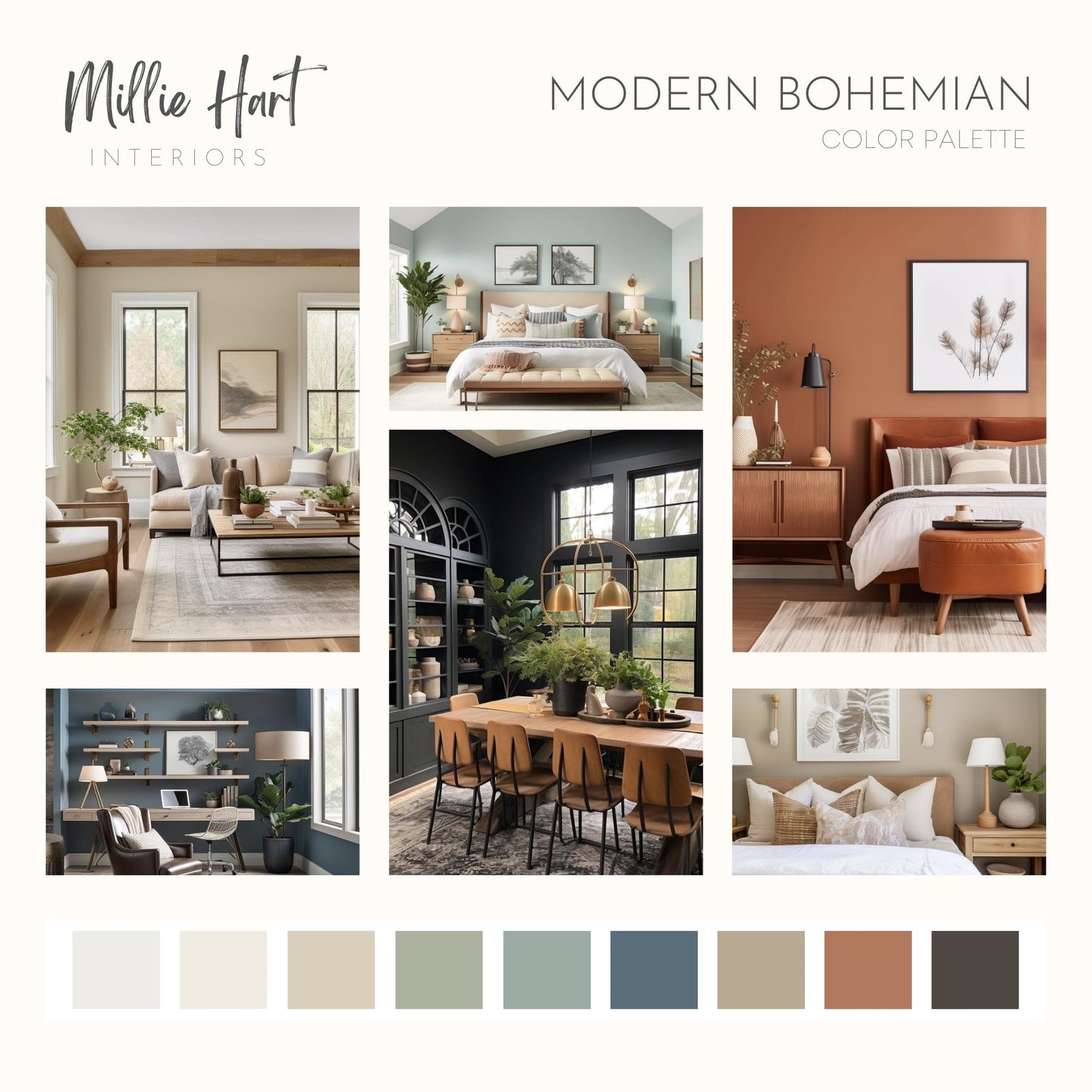 Modern Bohemian Sherwin Williams Paint Palette, Warm Neutrals, Moody Interior Paint Colors, Boho Color Palette, Halcyon Green