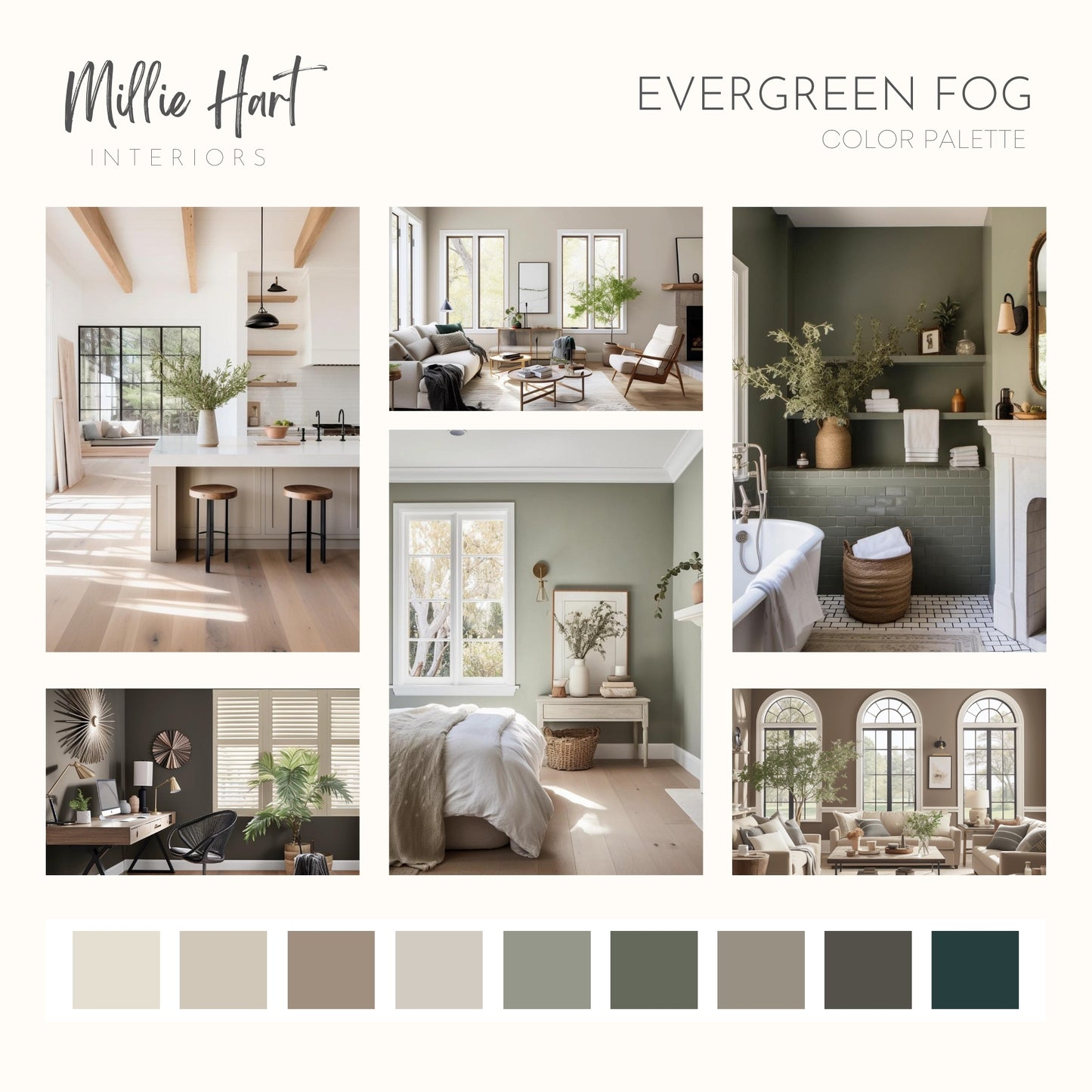 Evergreen Fog Sherwin Williams Paint Palette, Color of the Year Palette, Warm Neutral Colors for Home, Lake House, Urbane Bronze