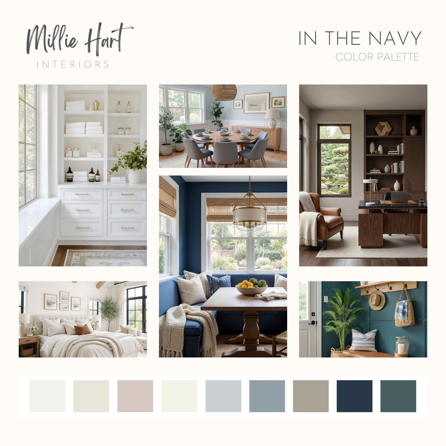 In the Navy Sherwin Williams Paint Palette - Modern Neutral Interior Paint Colors for Home, In the Navy Compliments, Whole House Color Palette, Sherwin Williams Pure White