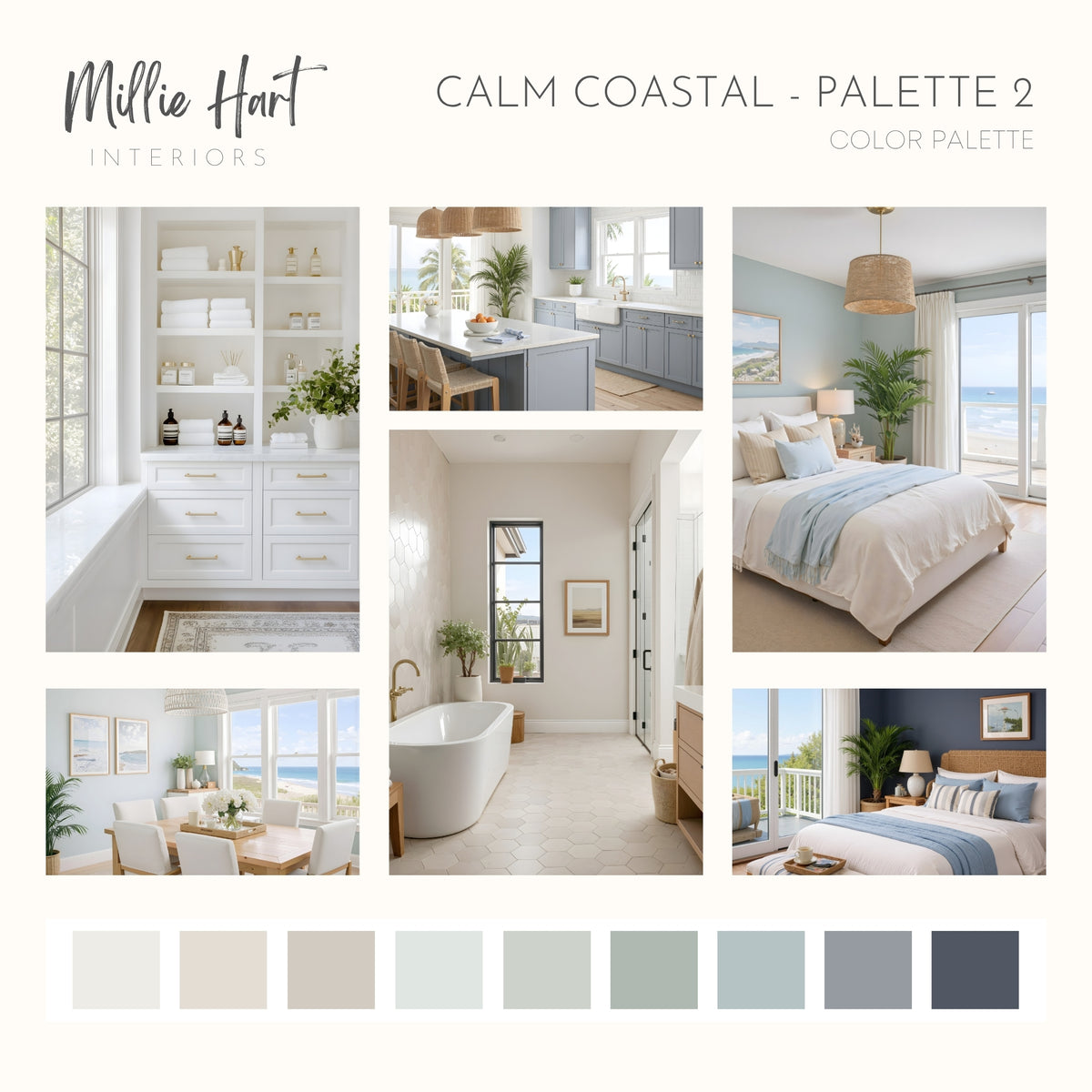 Calm Coastal - Palette Two | Sherwin Williams Paint Palette, Neutral Coastal Interior Paint Colors for Home, Coastal Color Scheme, Pure White