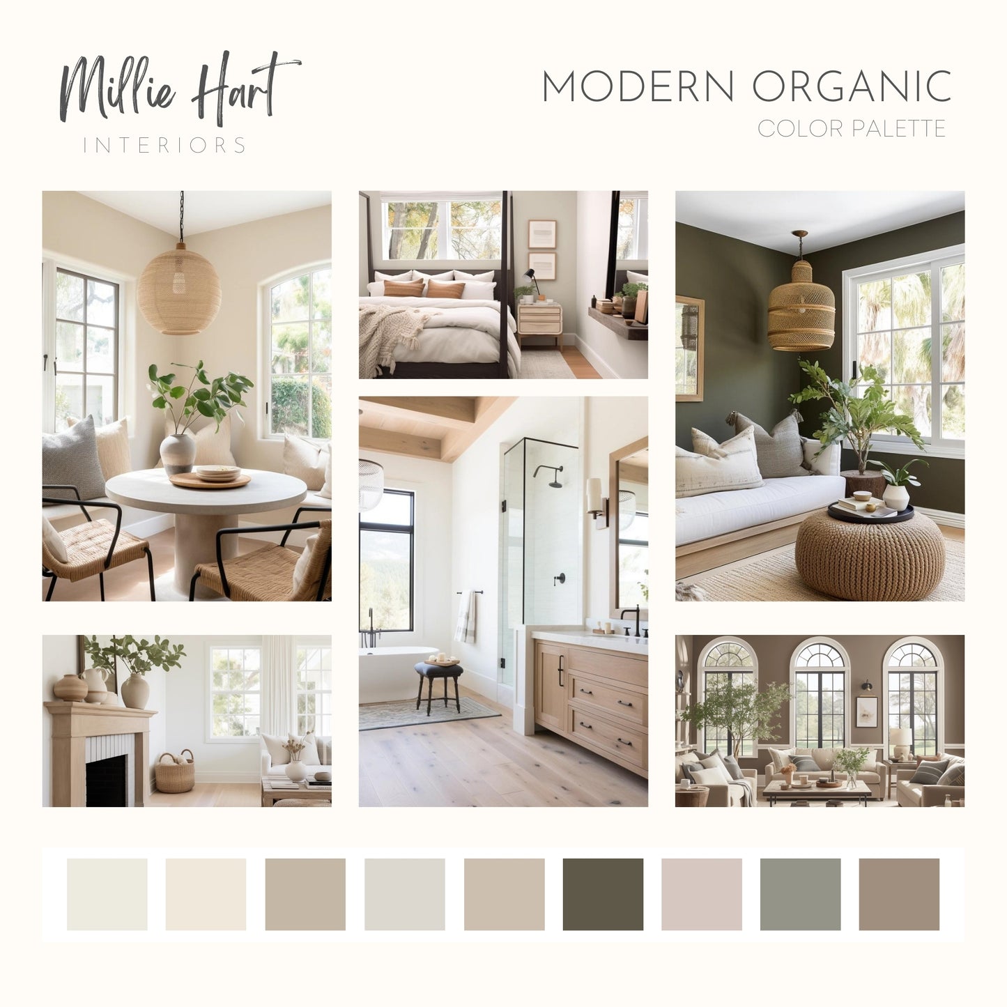 Modern Organic Sherwin Williams Paint Palette, Warm Neutrals, Warm White Interior Paint Colors, Boho Color Palette, Loggia