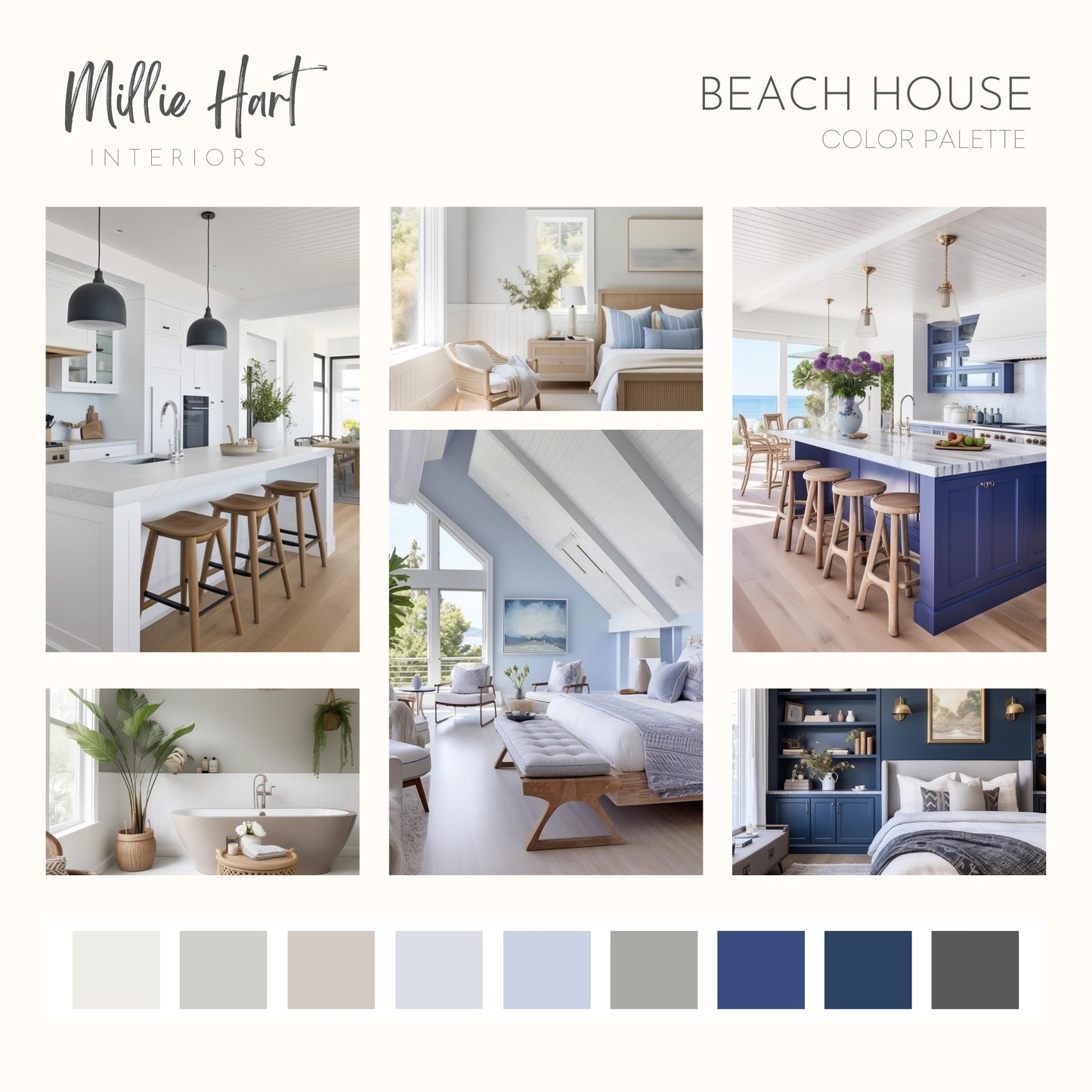 Beach House Sherwin Williams Paint Palette, Interior Paint Colors for Home, Cool Grays, Coastal Colors, Pure White