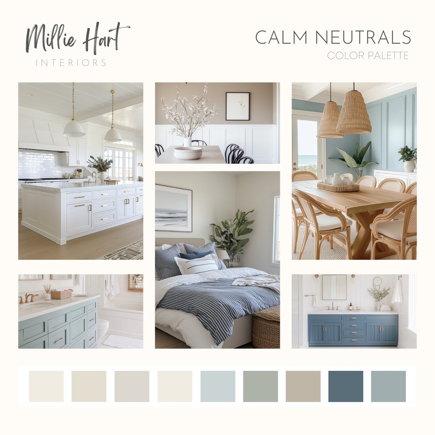 Calm Neutrals Benjamin Moore Paint Palette, Calm Neutral Interior Paint Colors, Beach House Coastal Color Scheme, Pale Oak