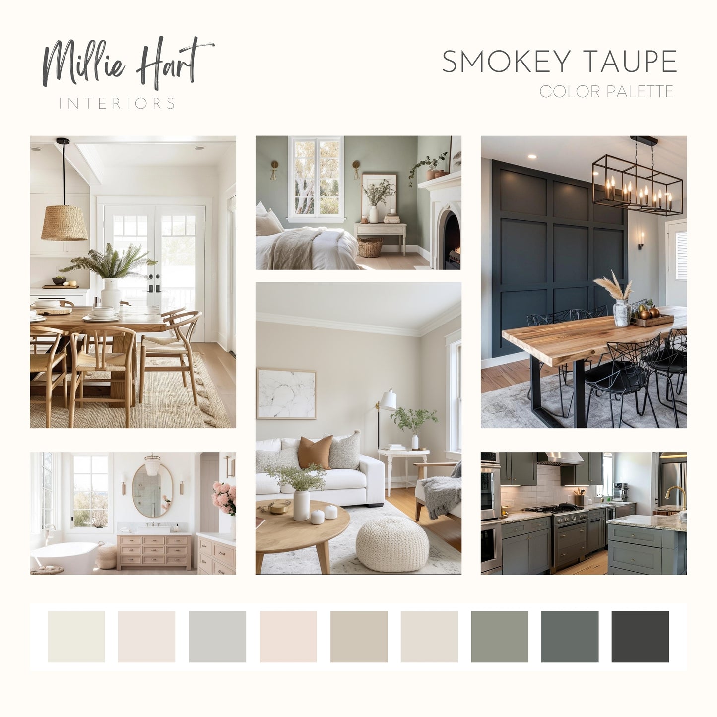 Smokey Taupe Benjamin Moore Paint Palette, Modern Neutral Interior Paint Colors for Home, Smokey Taupe Compliments, Warm Whites, Fog Mist