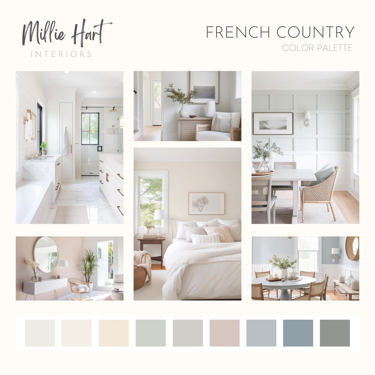 French Country Benjamin Moore Paint Palette, Interior Paint Colors for Home, Cottage Colors, Coastal Colors, White Heron