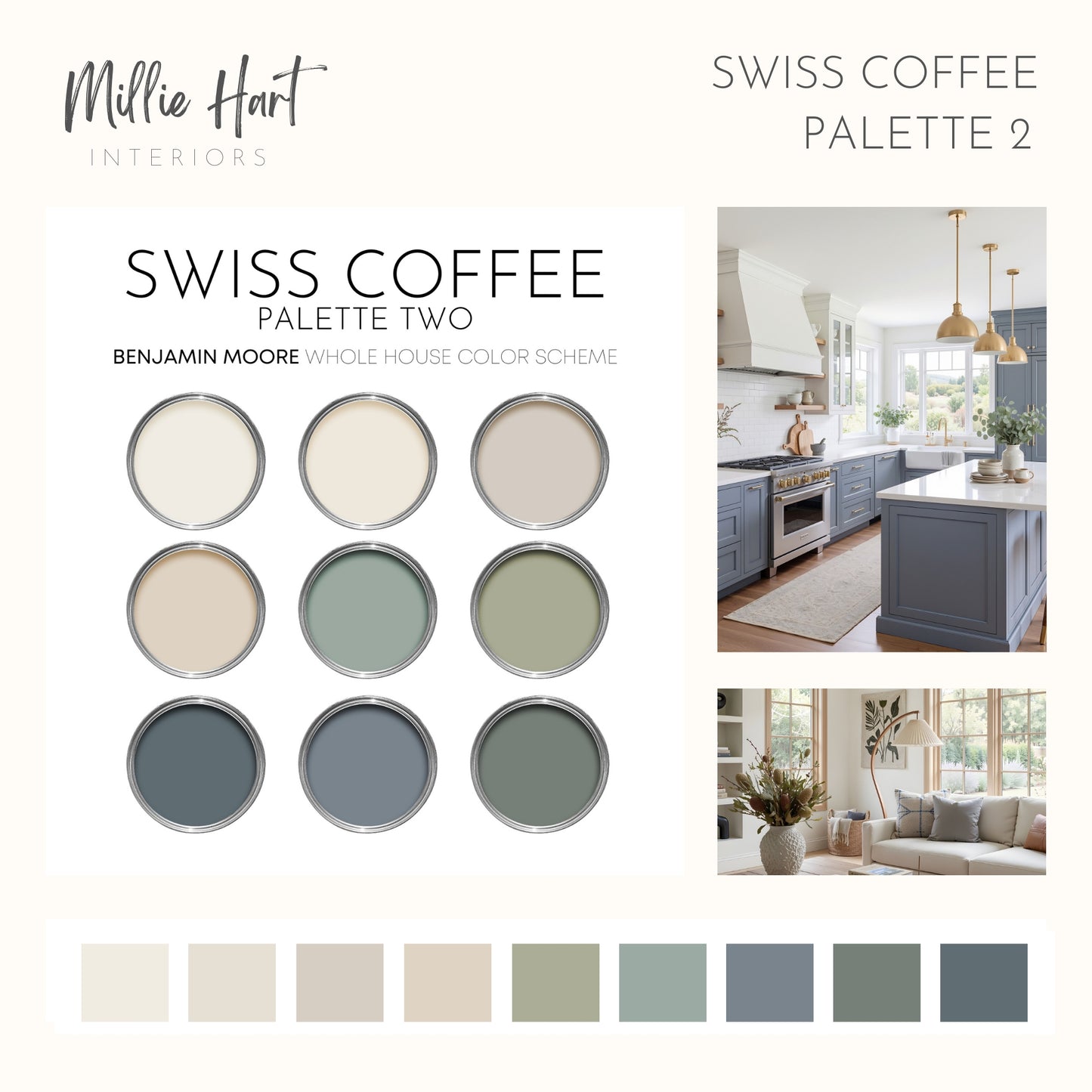 Swiss Coffee Benjamin Moore Paint Palette Collection, Neutral Interior Paint Colors for Home | Warm Whites  | Timeless Blues and Greens