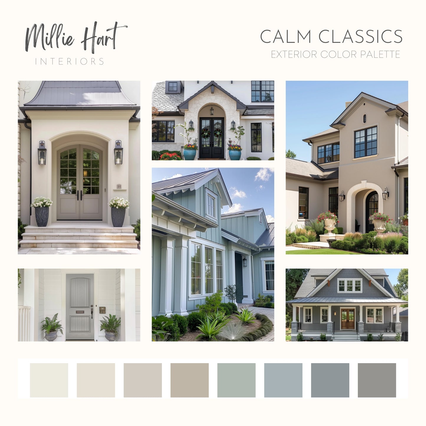 Calm Classics Exterior Sherwin Williams Paint Palette, Modern Exterior Paint Colors, Timeless Exterior Scheme, Classic Palette, Alabaster