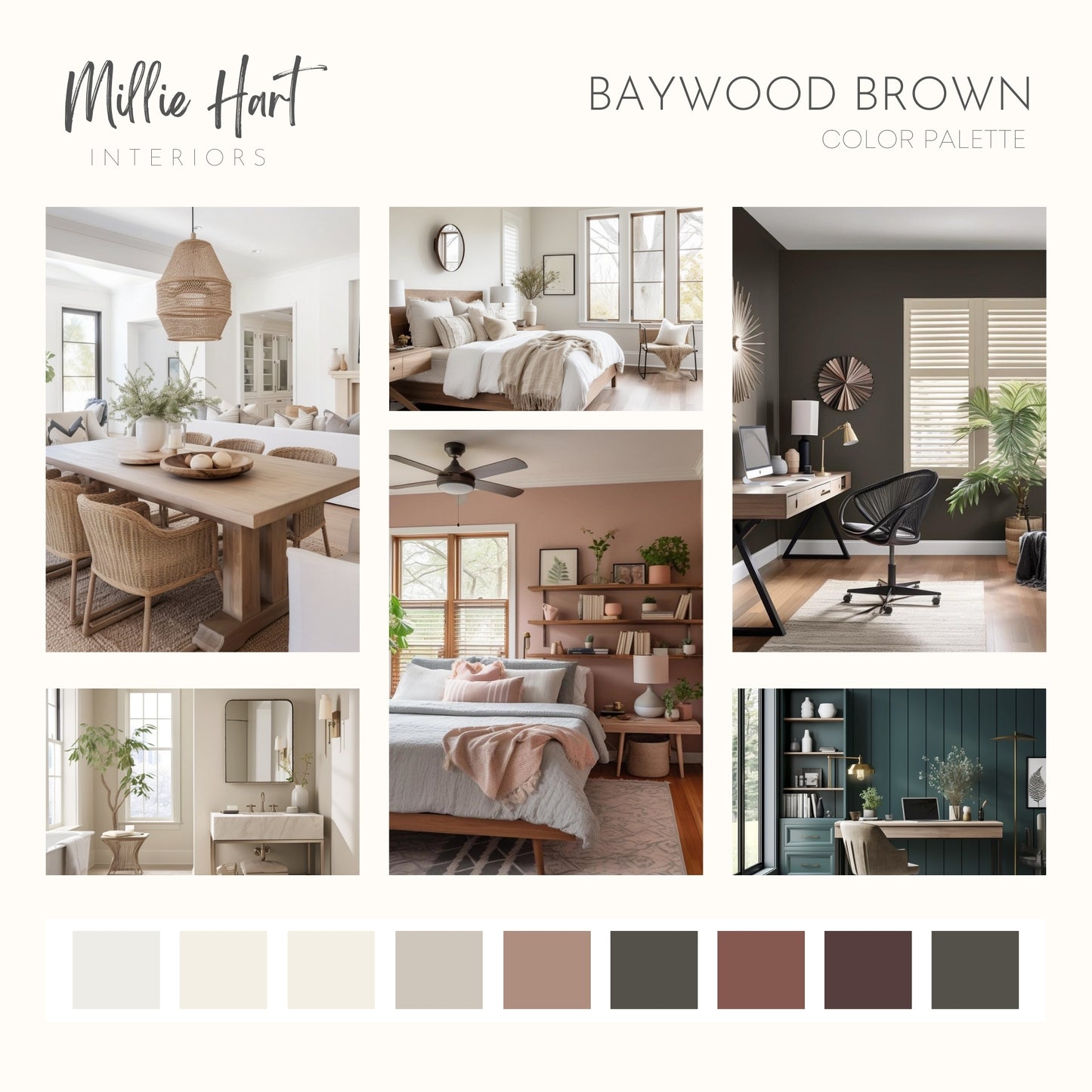 Baywood Brown Benjamin Moore Paint Palette, Neutral Interior Paint Colors, Earthy Color Scheme, Salamander Compliments, Warm Neutrals