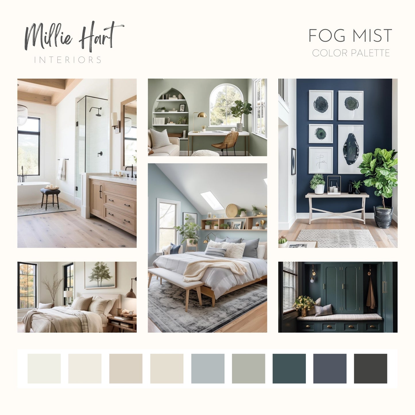 Fog Mist Benjamin Moore Paint Palette, Neutral Interior Paint Colors, Lake House Color Scheme, Hale Navy