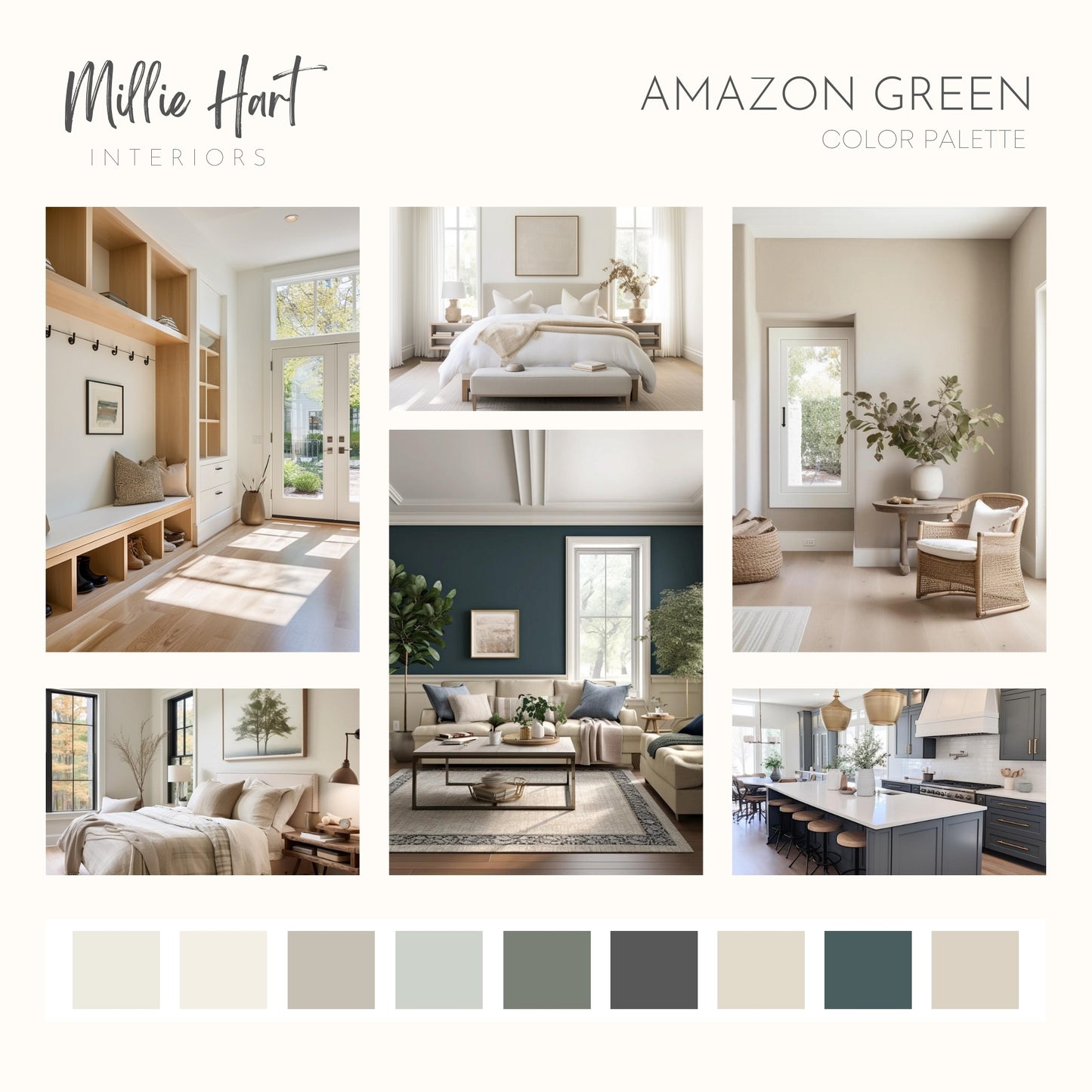 Amazon Green Benjamin Moore Paint Palette - Modern Neutral Interior Paint Colors for Home, Coastal Interior Design Color Palette, Lake House, Benjamin Moore Elmira White