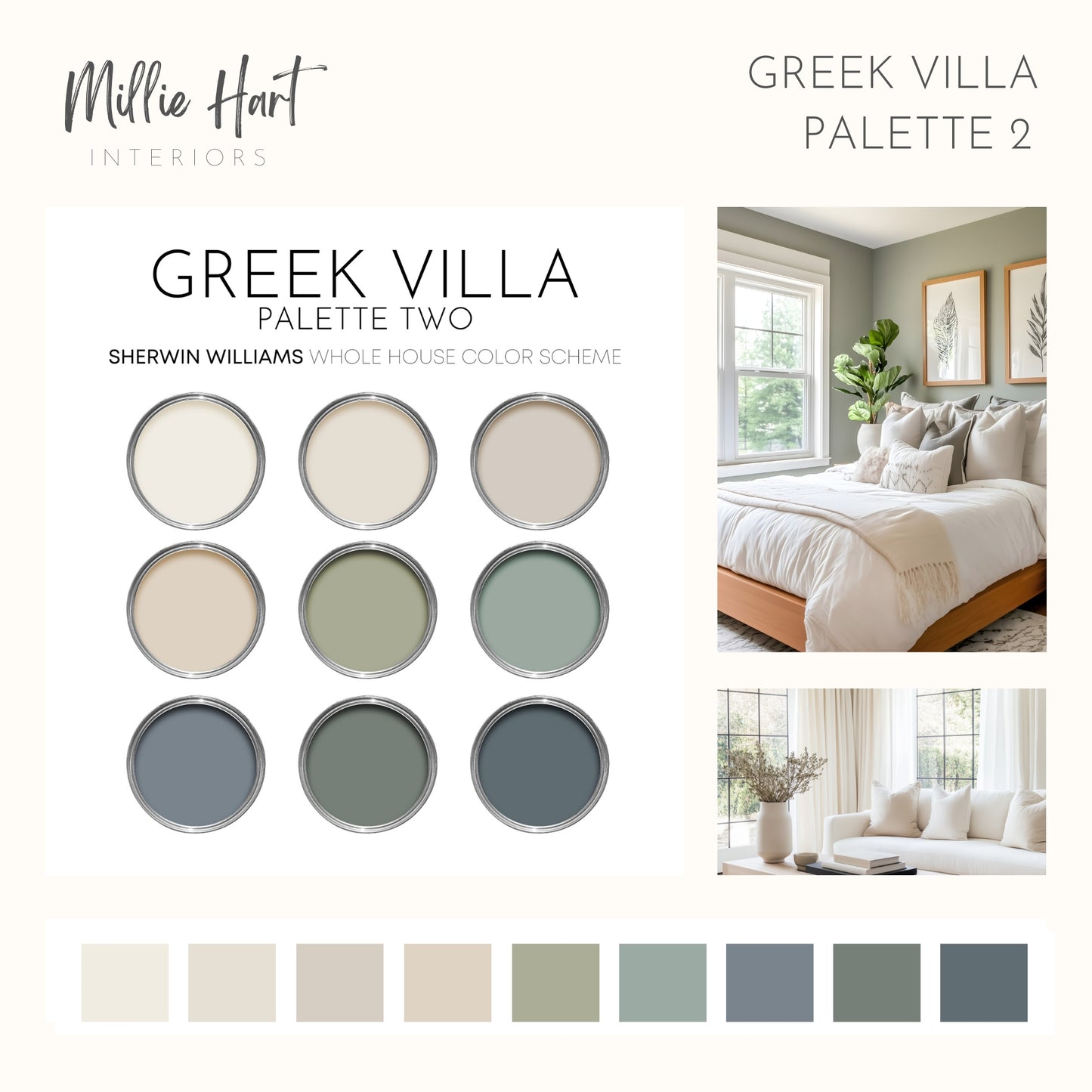 Greek Villa Sherwin Williams Paint Palette Collection, Neutral Interior Paint Colors for Home | Warm Whites | Timeless Blues and Greens