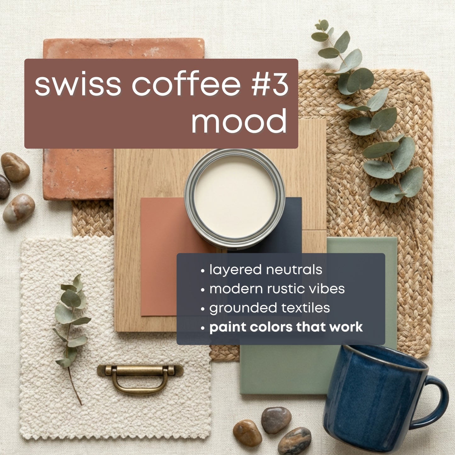 Swiss Coffee - Palette Three, Benjamin Moore Paint Palette, Neutral Interior Paint Colors, Rustic Mediterranean Coastal Color Scheme