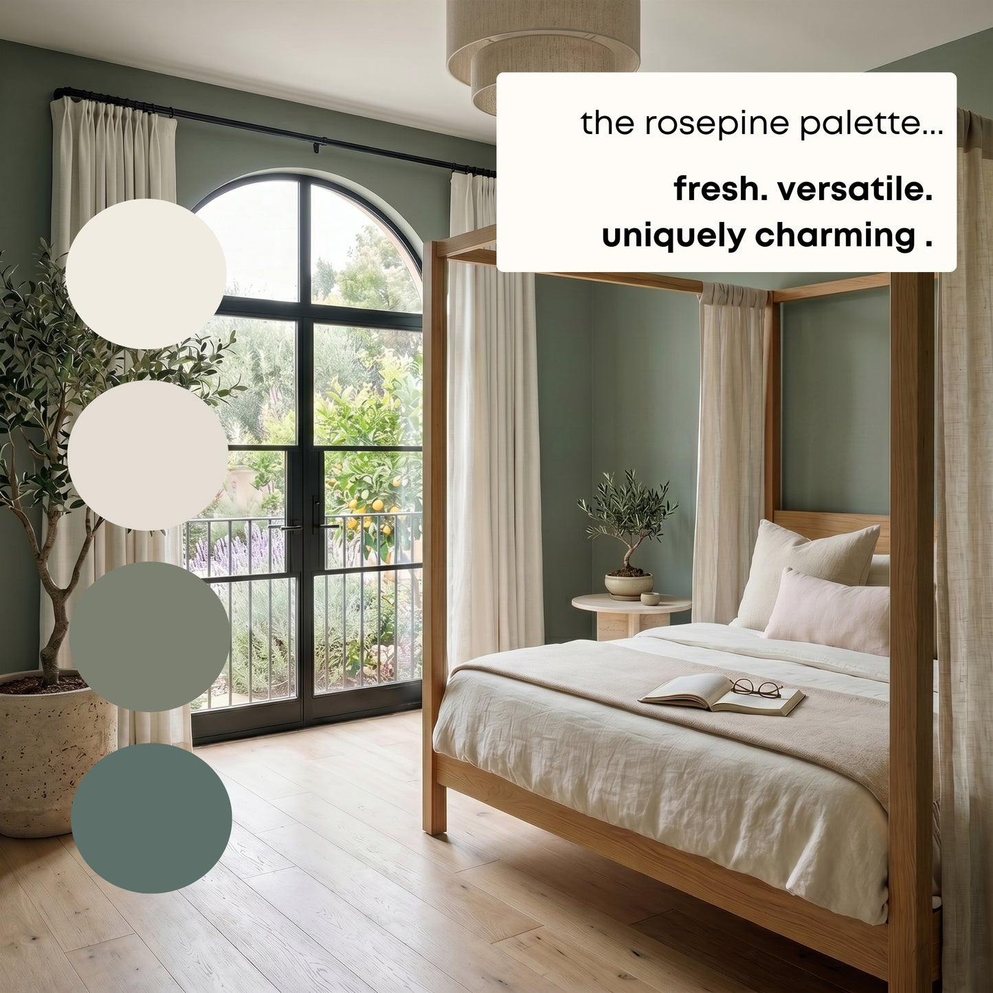 Rosepine Benjamin Moore Paint Palette, Timeless Neutral Interior Colors, Whole House Color Scheme, Earthy Green, Fog Mist
