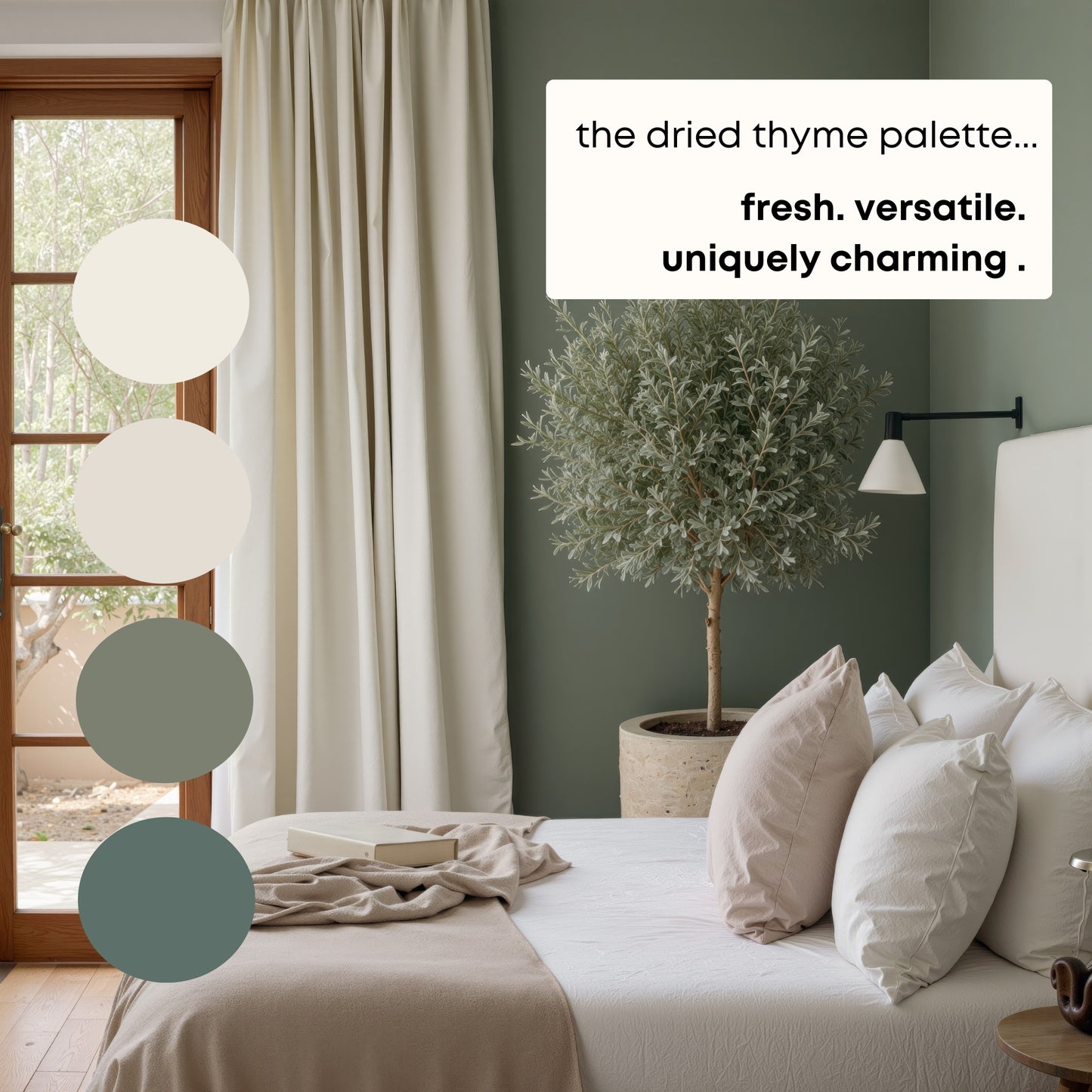 Dried Thyme Sherwin Williams Paint Palette, Timeless Neutral Interior Colors, Whole House Color Scheme, Earthy Green, Aesthetic White