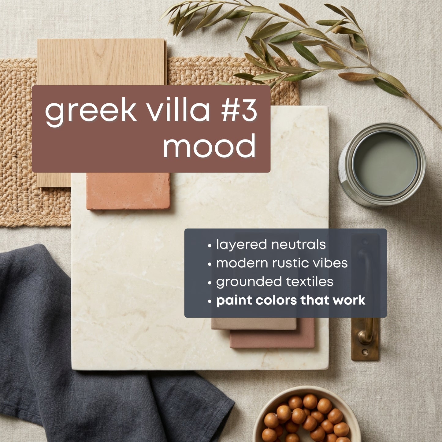 Greek Villa - Palette Three, Sherwin Williams Paint Palette | Neutral Interior Paint Colors | Rustic Mediterranean Coastal Color Scheme