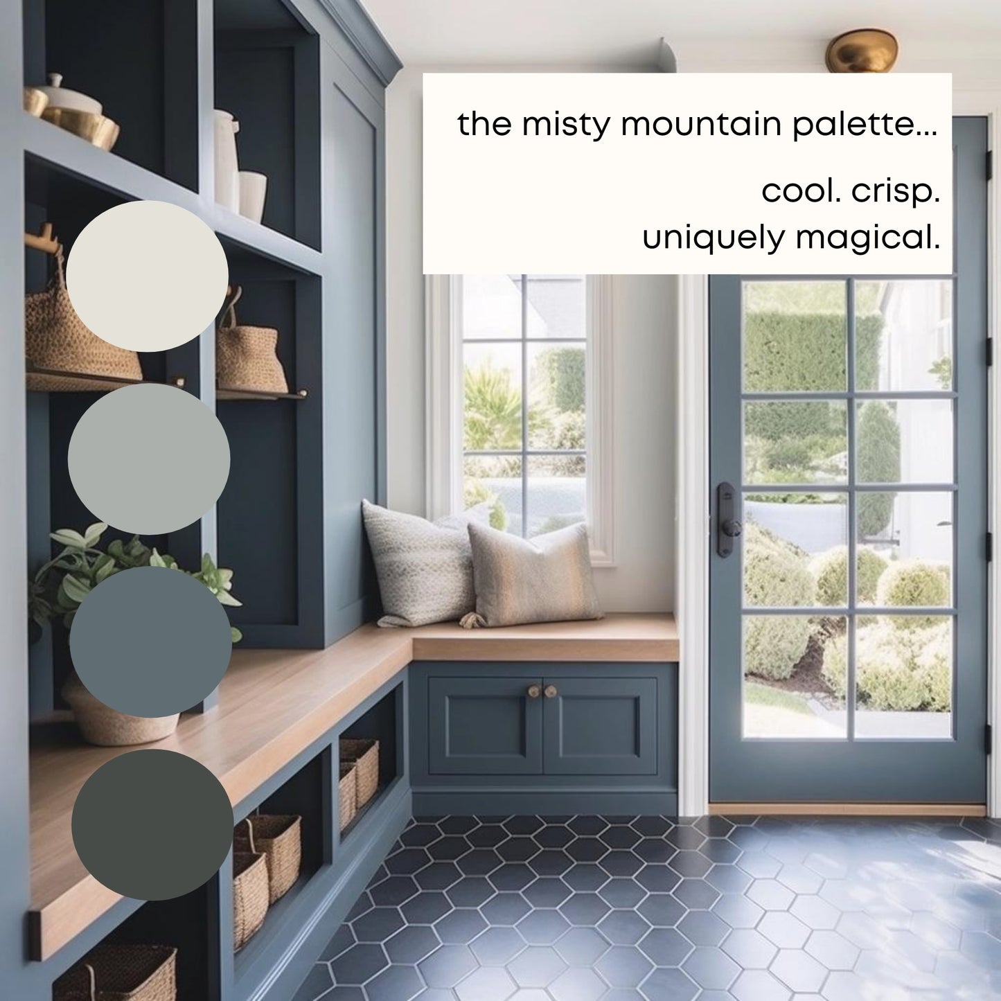 Misty Mountain Benjamin Moore Paint Palette, Neutral Interior Paint Colors, Modern Farmhouse Color Scheme, White Heron