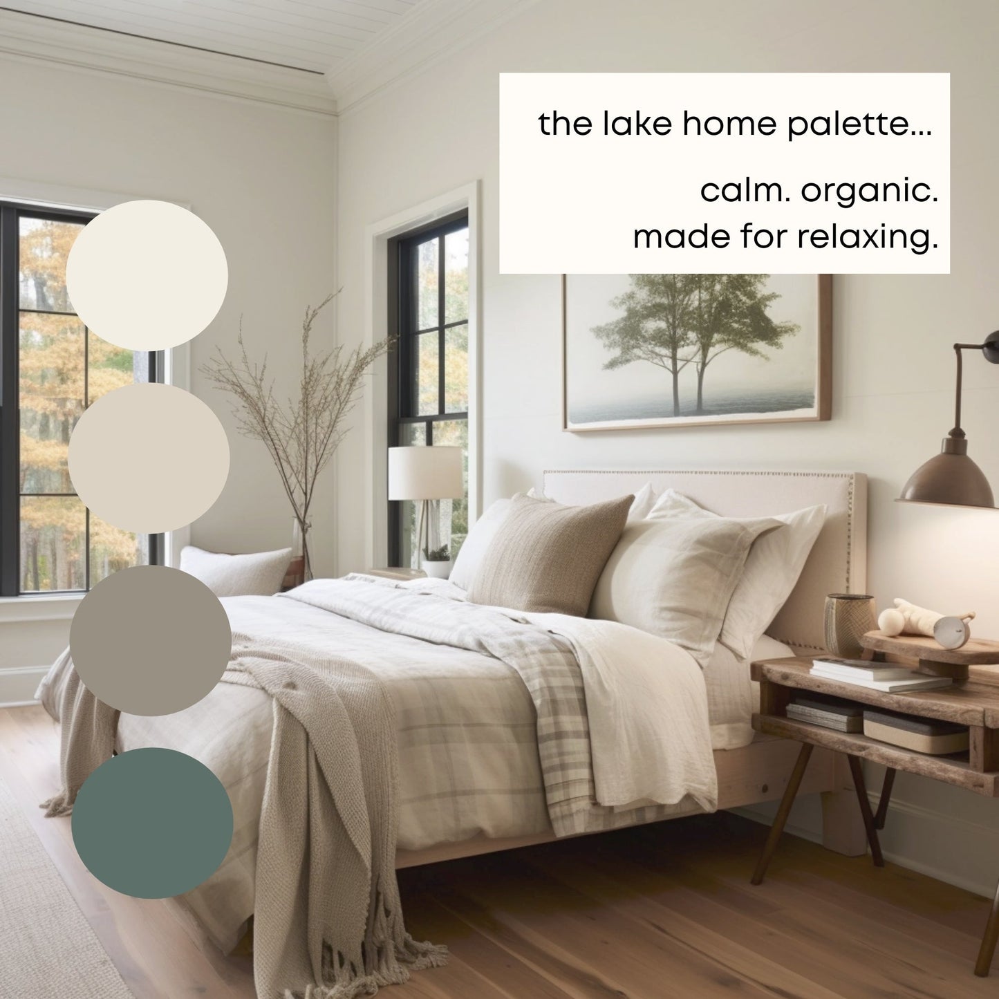 Lake Home Benjamin Moore Paint Palette - Modern Neutral Interior Paint Colors for Home, Coastal Interior Design Color Palette, Lake House, Benjamin Moore Jack Pine