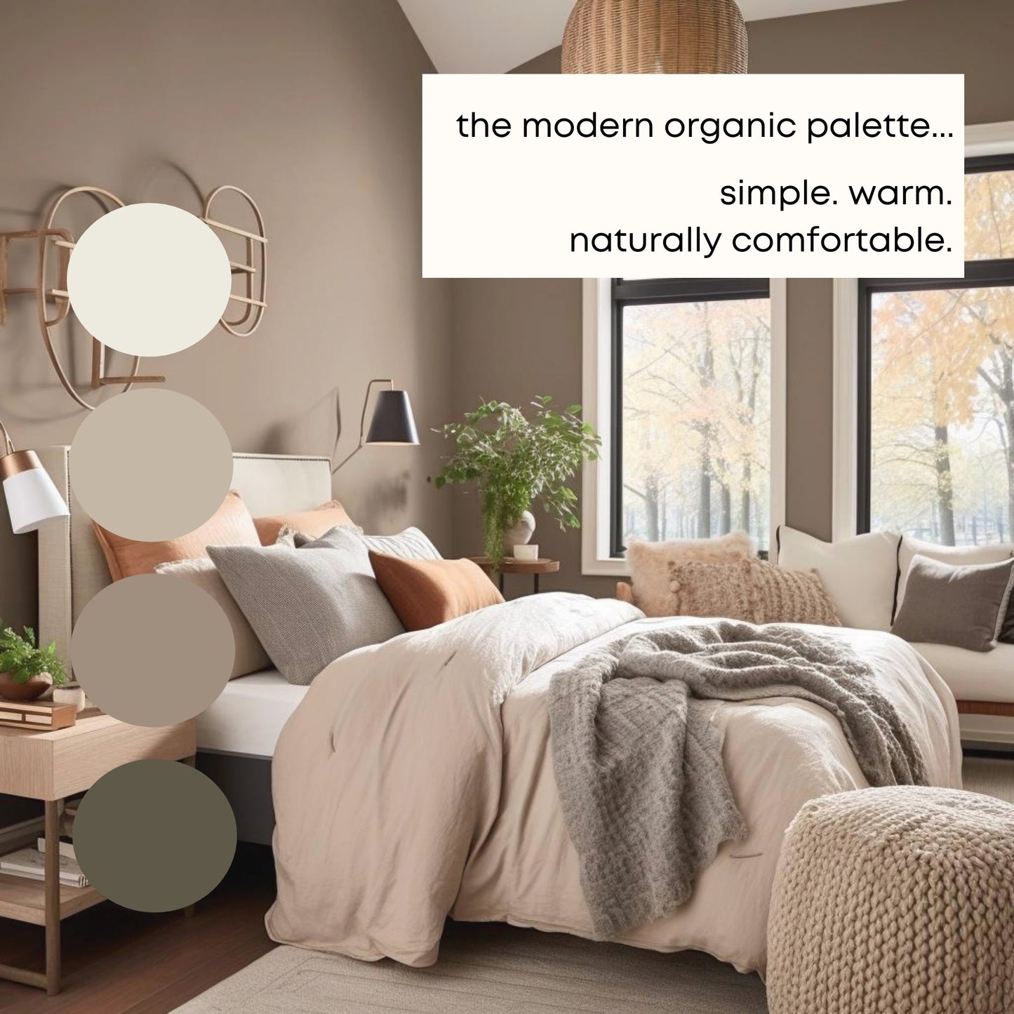 Modern Organic Sherwin Williams Paint Palette, Warm Neutrals, Warm White Interior Paint Colors, Boho Color Palette, Loggia