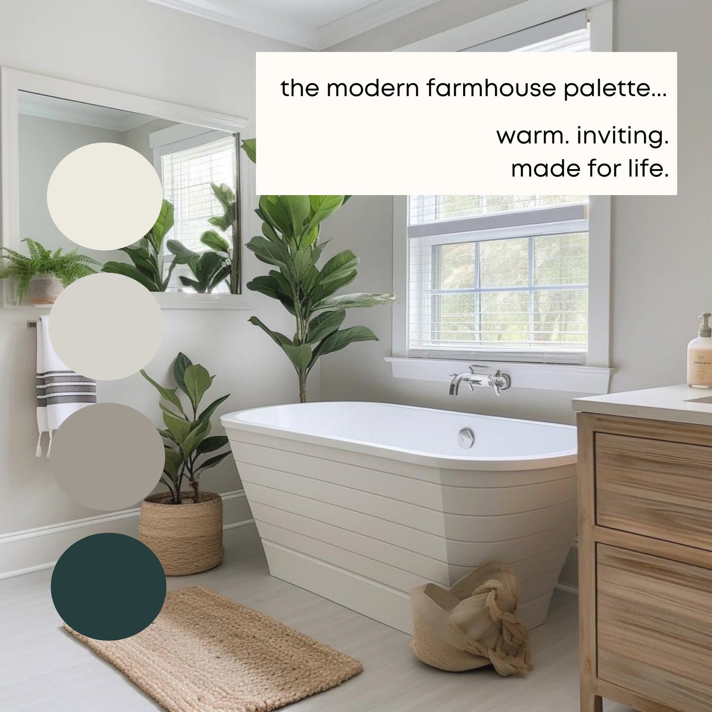 Modern Farmhouse Benjamin Moore Paint Palette, Neutral Interior Paint Colors, Modern Farmhouse Color Scheme, Swiss Coffee