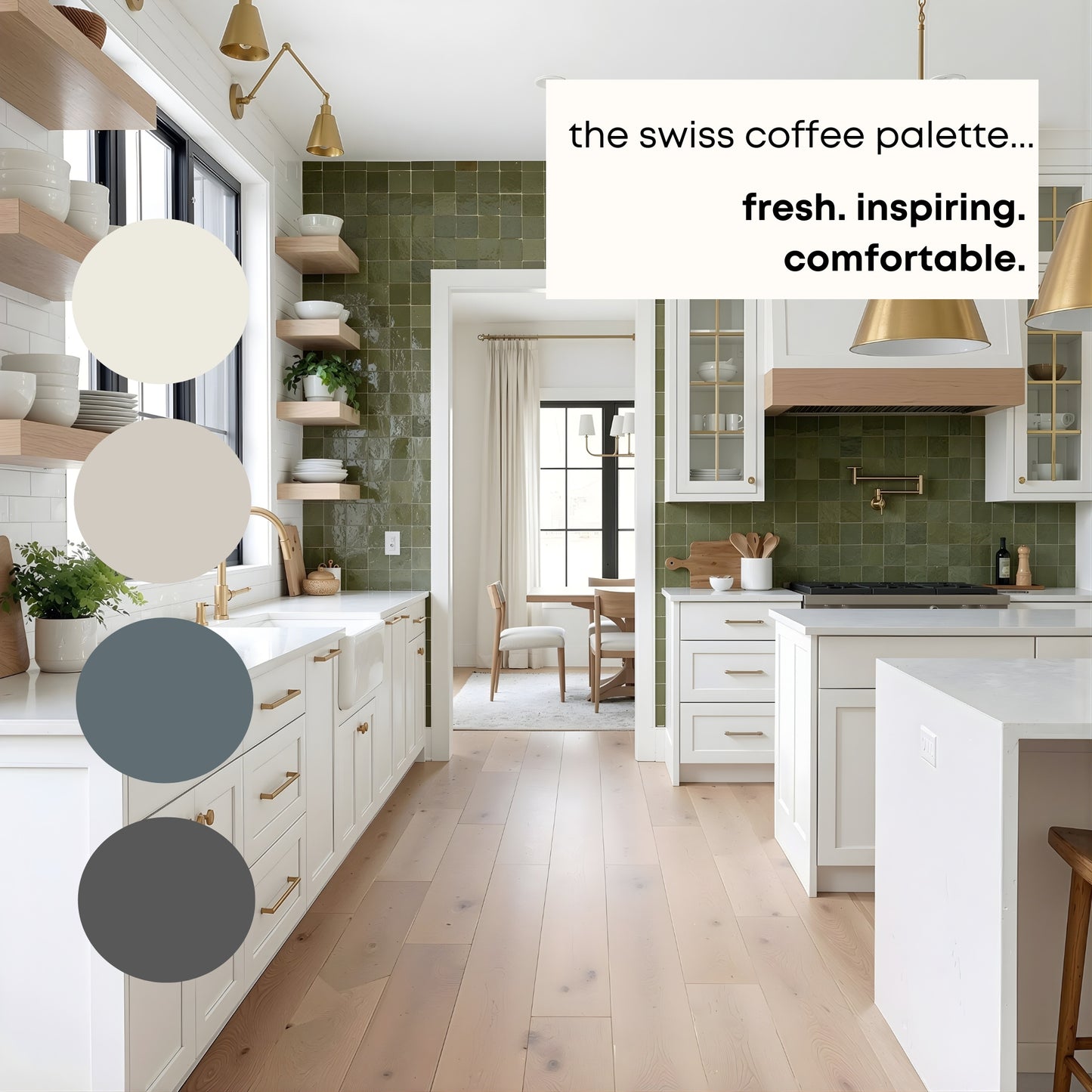 Swiss Coffee Benajmain Moore Paint Palette, Modern Neutral Interior Paint Colors for Home, Swiss Coffee Compliments, Warm Whites, Apparition