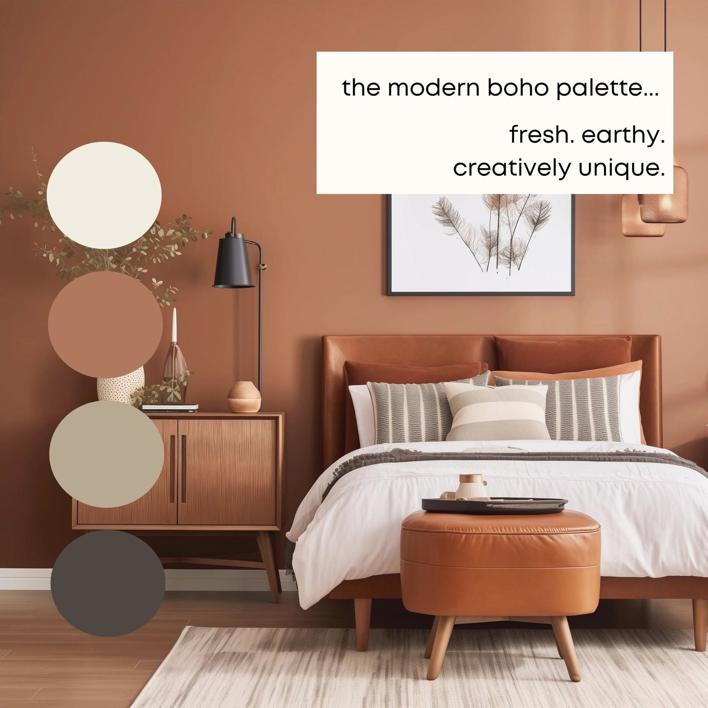 Modern Bohemian Sherwin Williams Paint Palette, Warm Neutrals, Moody Interior Paint Colors, Boho Color Palette, Halcyon Green