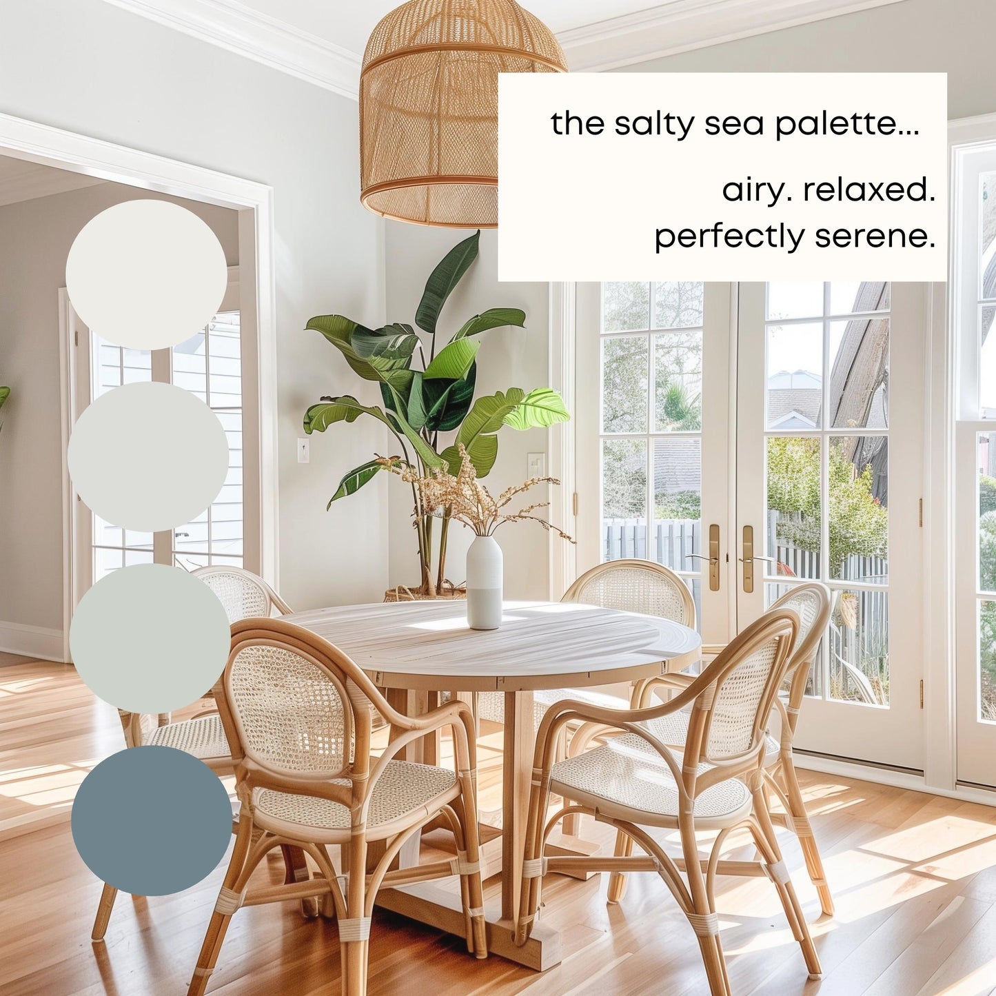 Salty Sea Sherwin Williams Paint Palette, Modern Coastal Interior Paint Colors for Home, Coastal Interior Design Color Palette, Airy Neutrals, Pure White