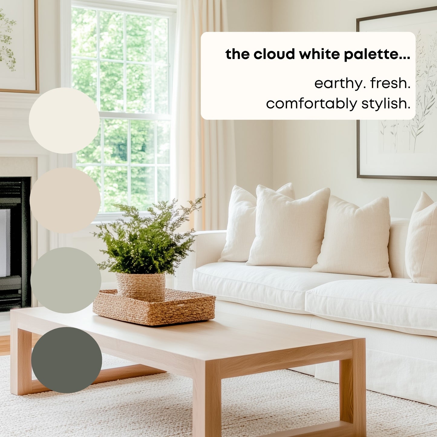 Cloud White Benjamin Moore Paint Palette, Neutral Interior Paint Colors, Transitional, Mediterranean Coastal Color Scheme