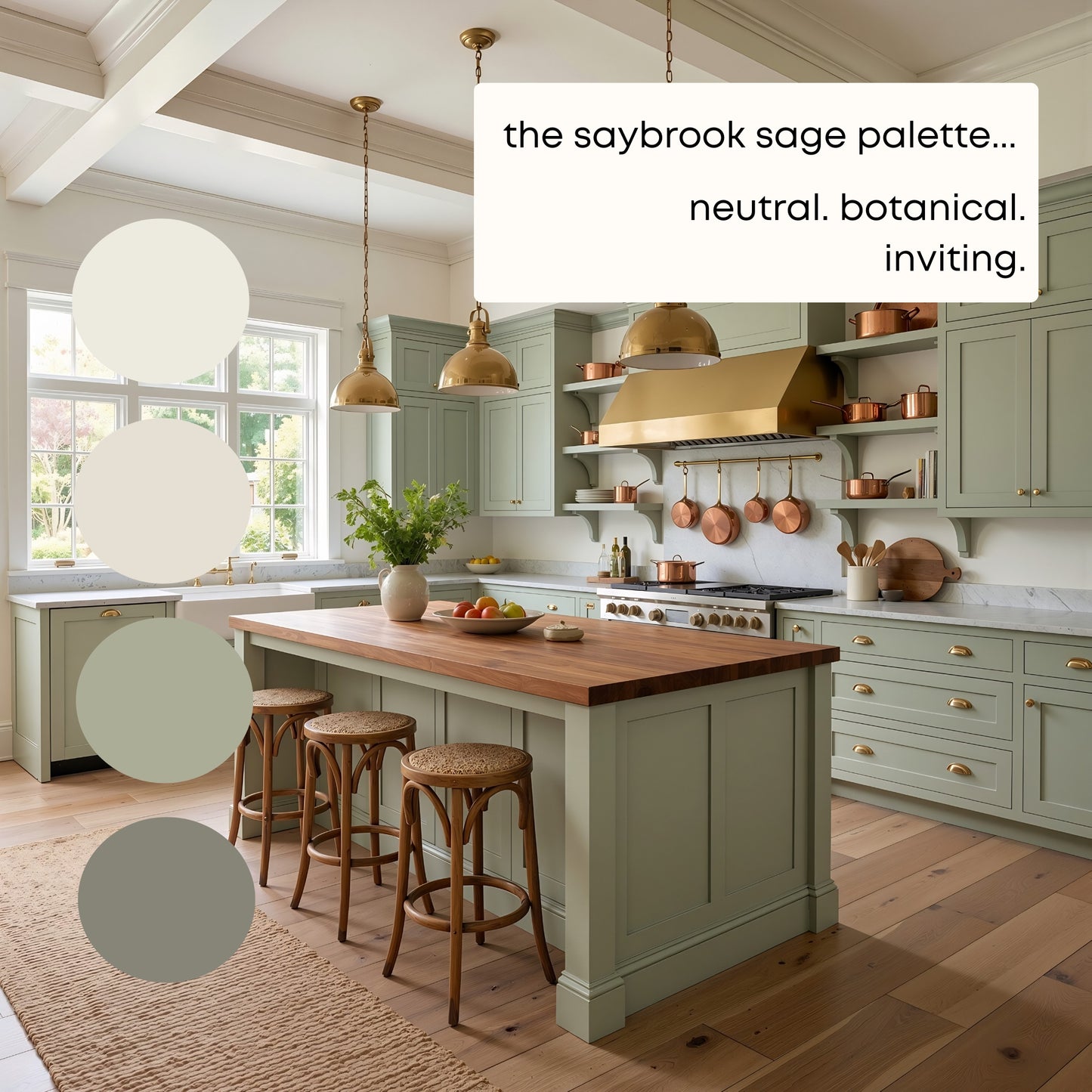 Saybrook Sage Benjamin Moore Paint Palette, Warm Neutral Interior Paint Colors, Cottage Color Scheme, White Dove