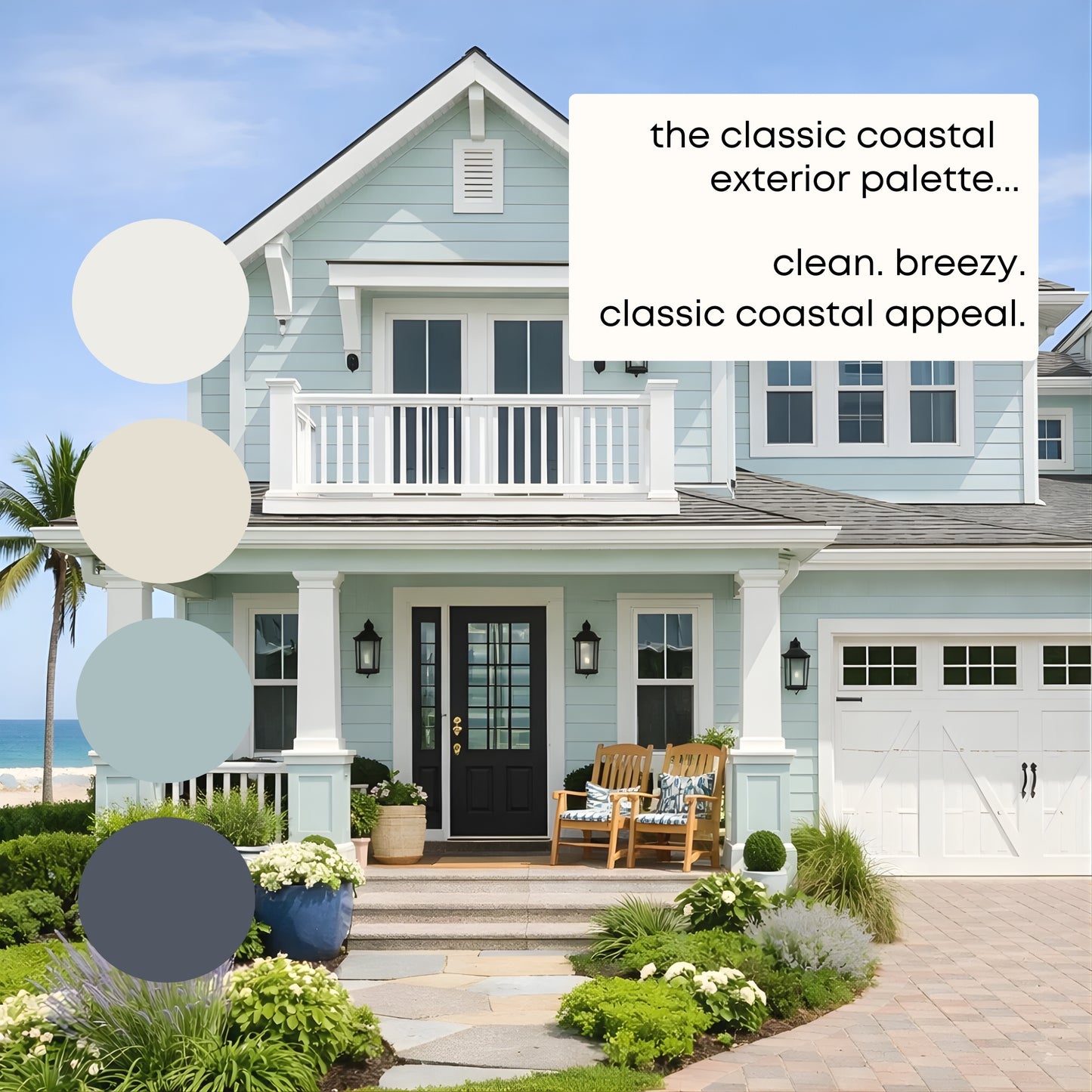Classic Coastal Exterior Sherwin Williams Paint Palette, Beach House Exterior Paint Colors, Coastal Exterior Scheme, Classic Palette